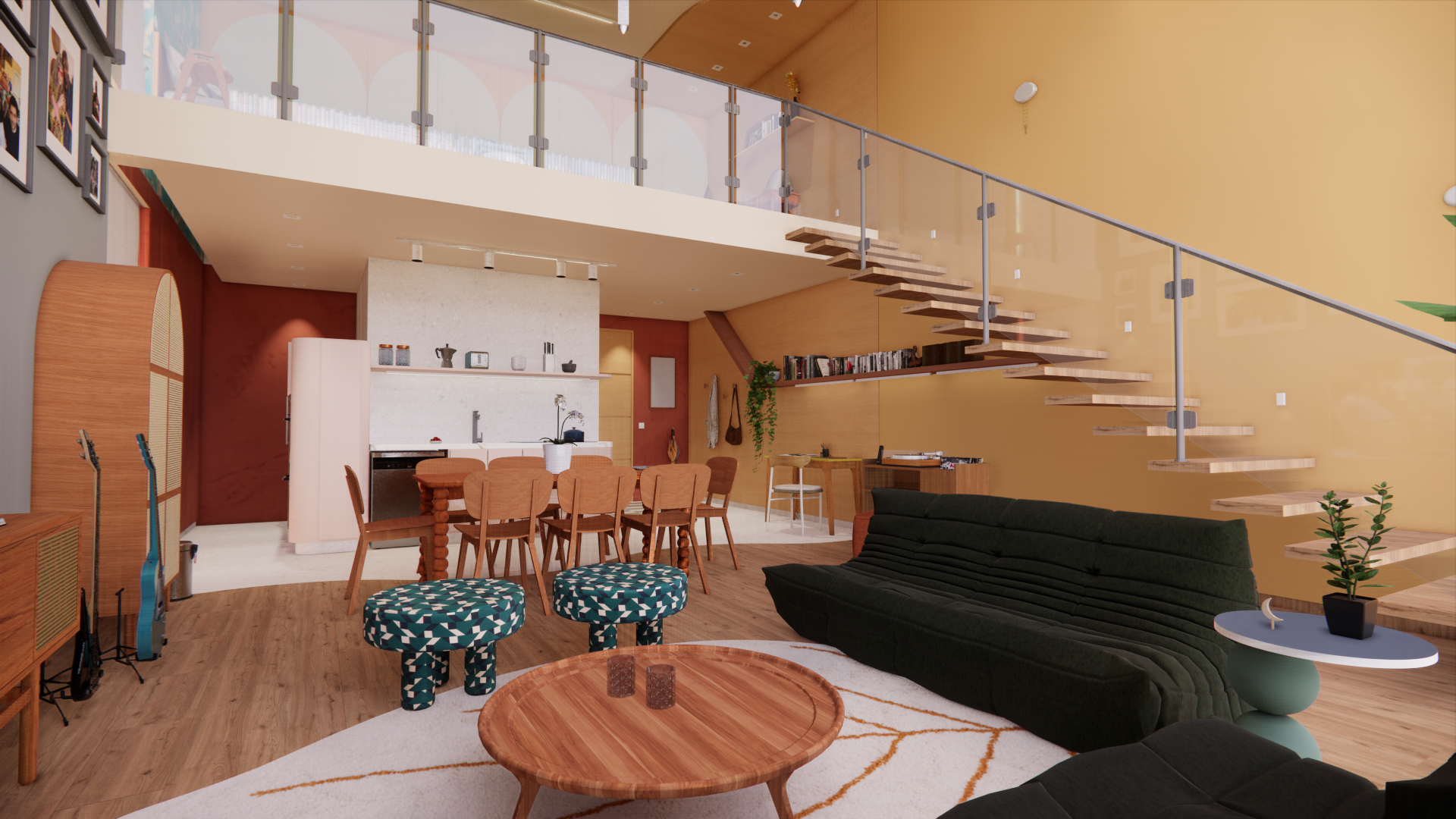 Popping Arquitetura - cozinha aberta integrada sala office maximalista residencial