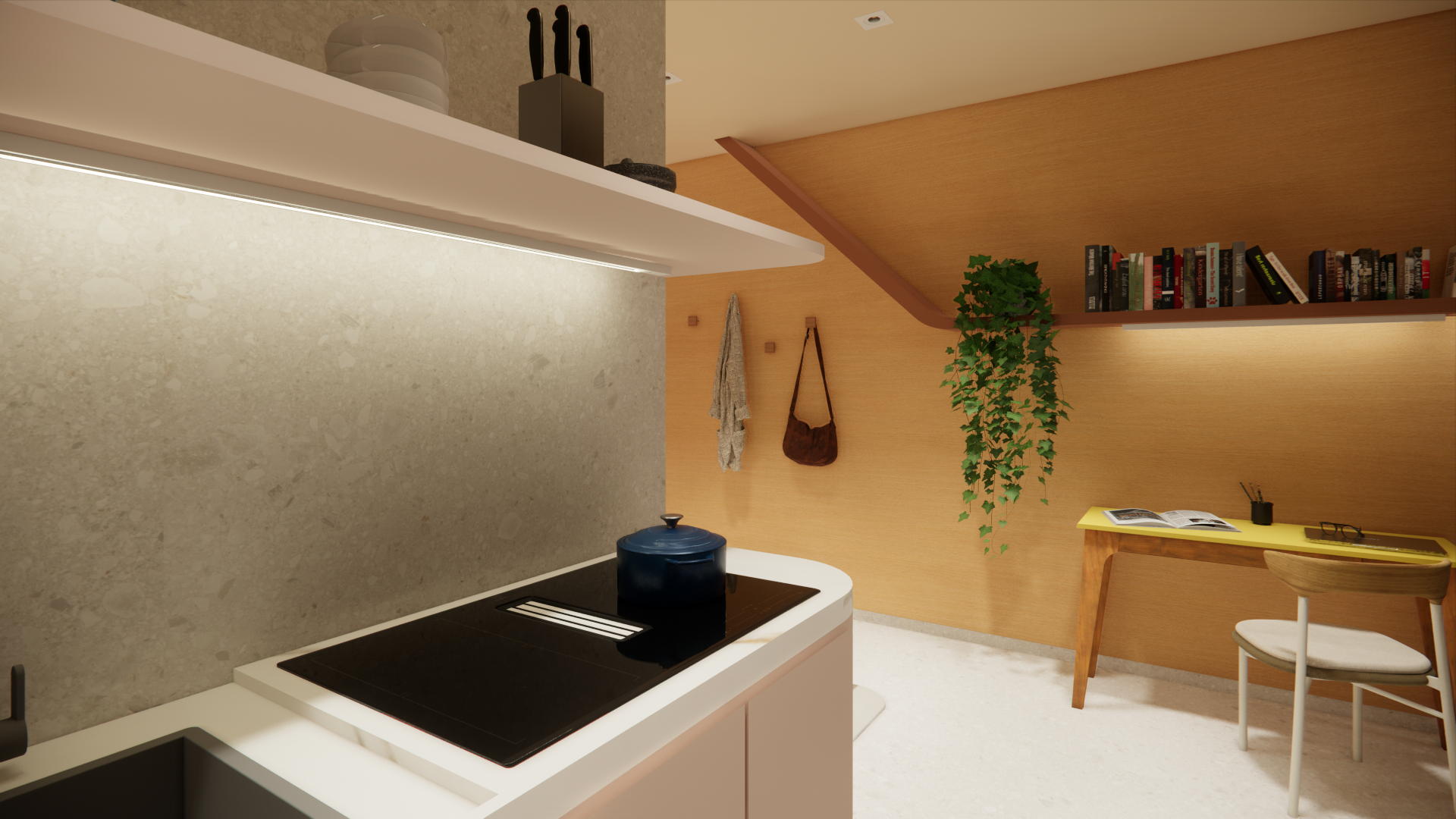 Popping Arquitetura - cozinha curva aberta integrada sala office maximalista residencial