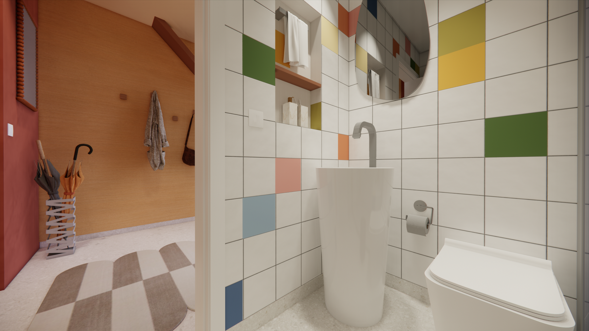 Popping Arquitetura - banheiro azulejos coloridos divertido maximalista residencial