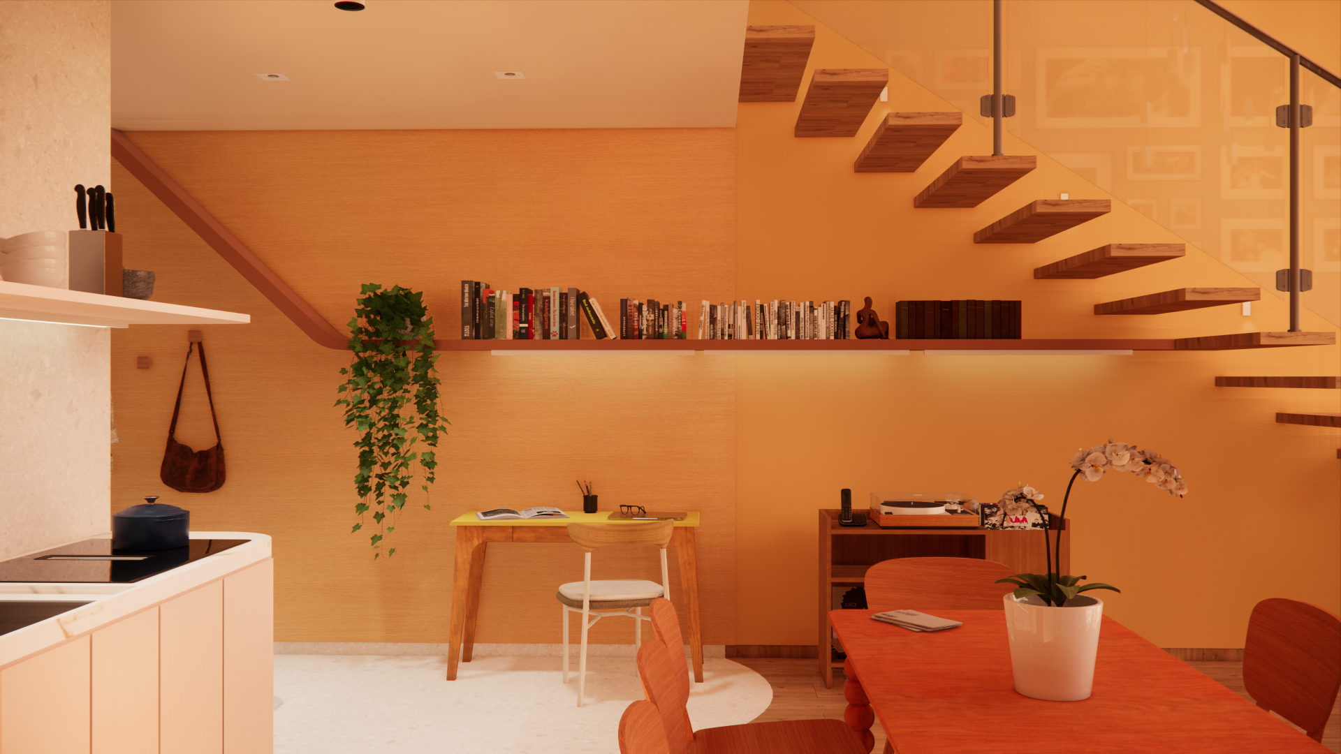 Popping Arquitetura - cozinha aberta integrada sala office maximalista residencial