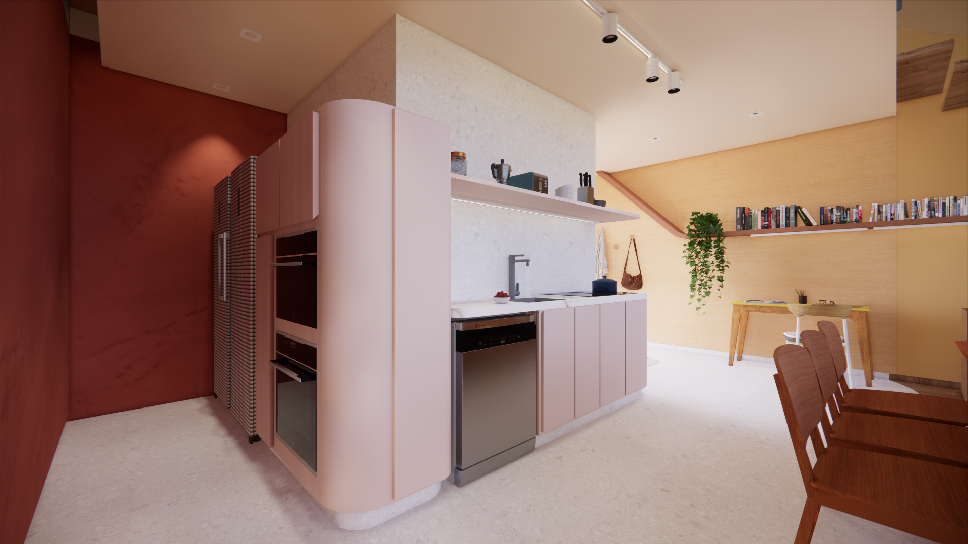 Popping Arquitetura - cozinha curva aberta integrada sala office maximalista residencial