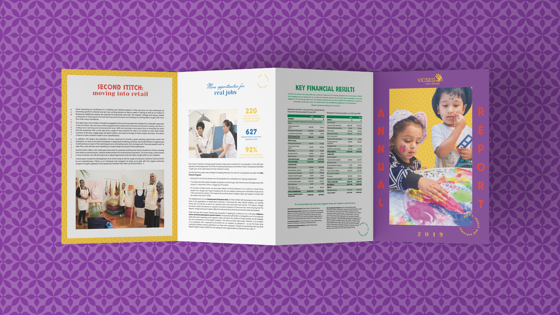 Flatlay image of a 4 fold annual report for VICSEG New Futures, on a purple Morrocan tile background.