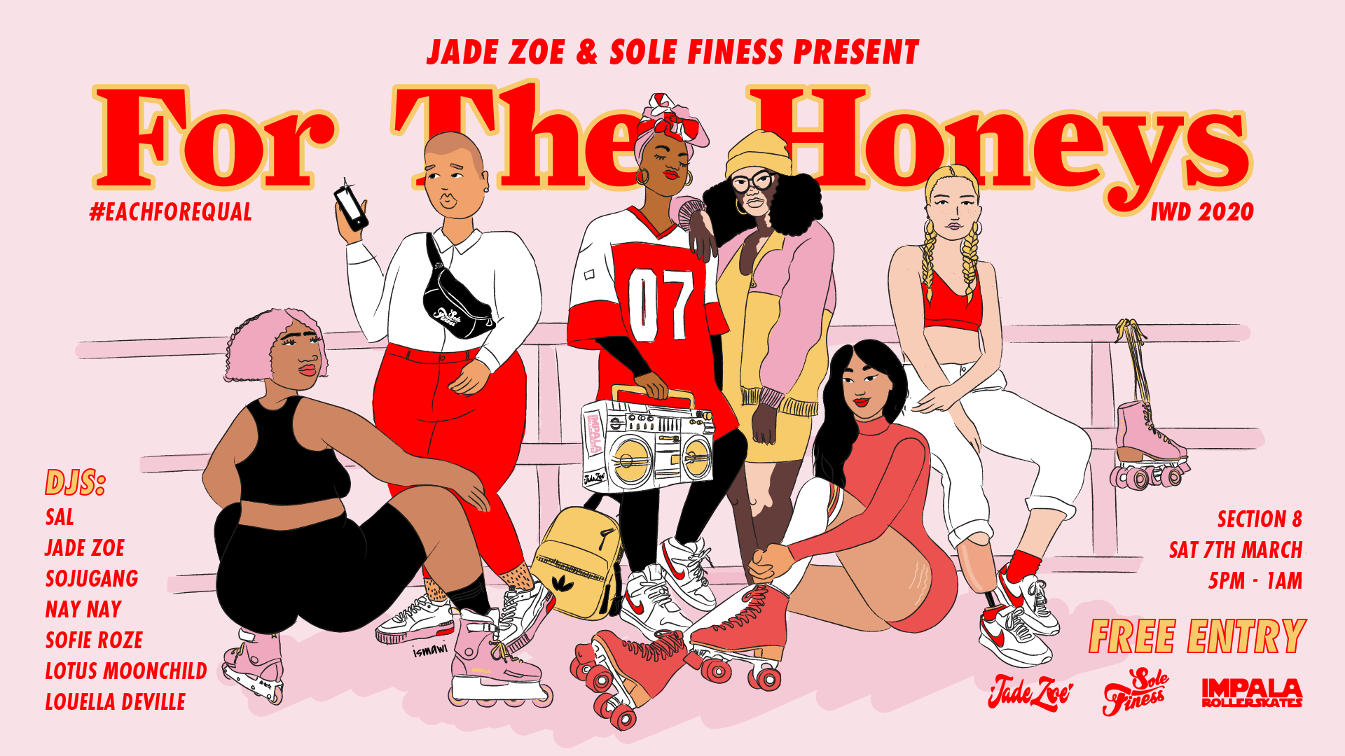 illustration of 6 femmes hanging out, text reads For The Honeys, red, yellow and black illustration on pink background