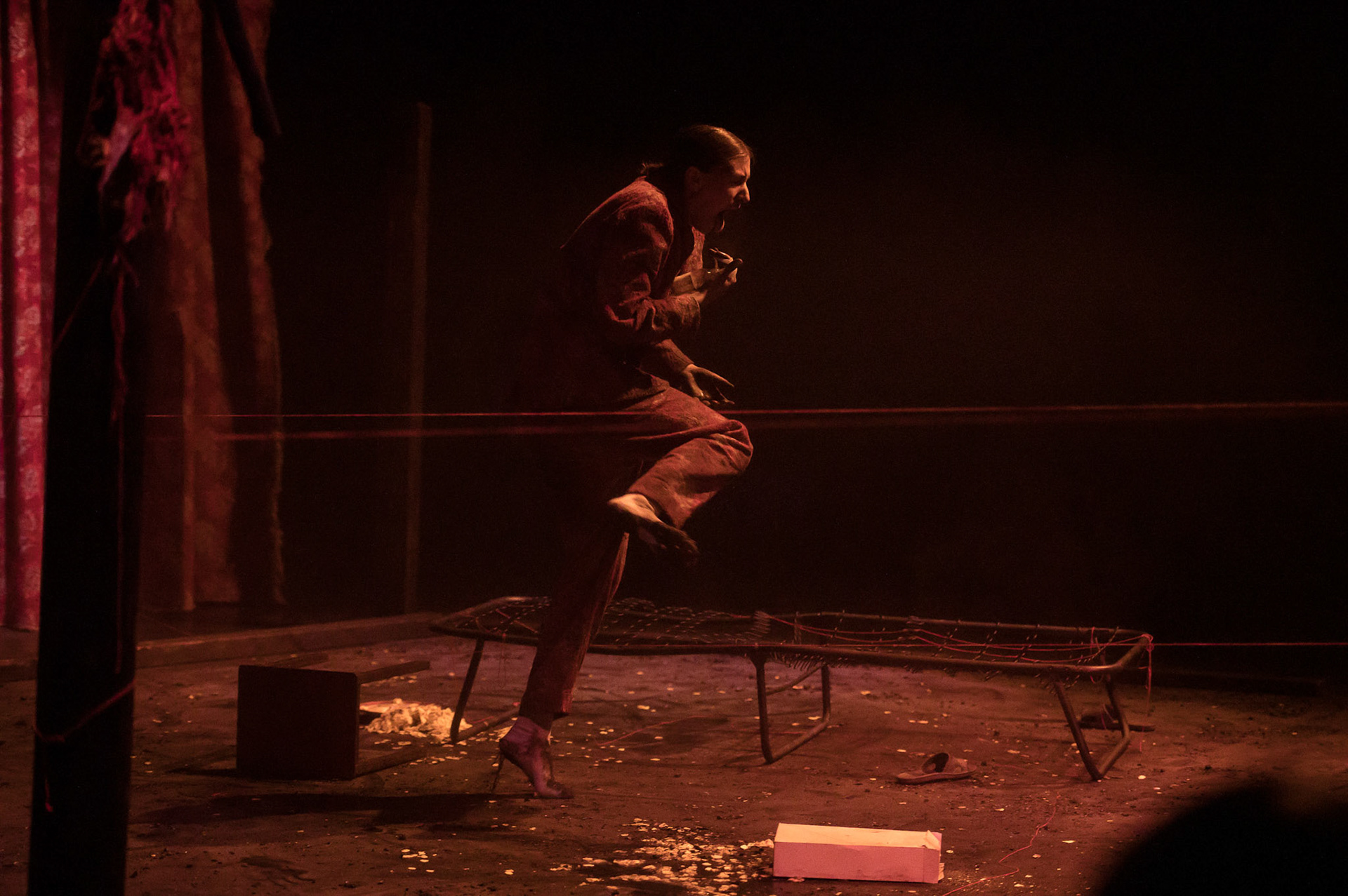 photo from the theatre show "My Cuntry" by CuntsCollective which played at The Royal Theatre in Copenhagen at Det Frie Felts Festival 2019. Karoline Clasen Holland is in the image.