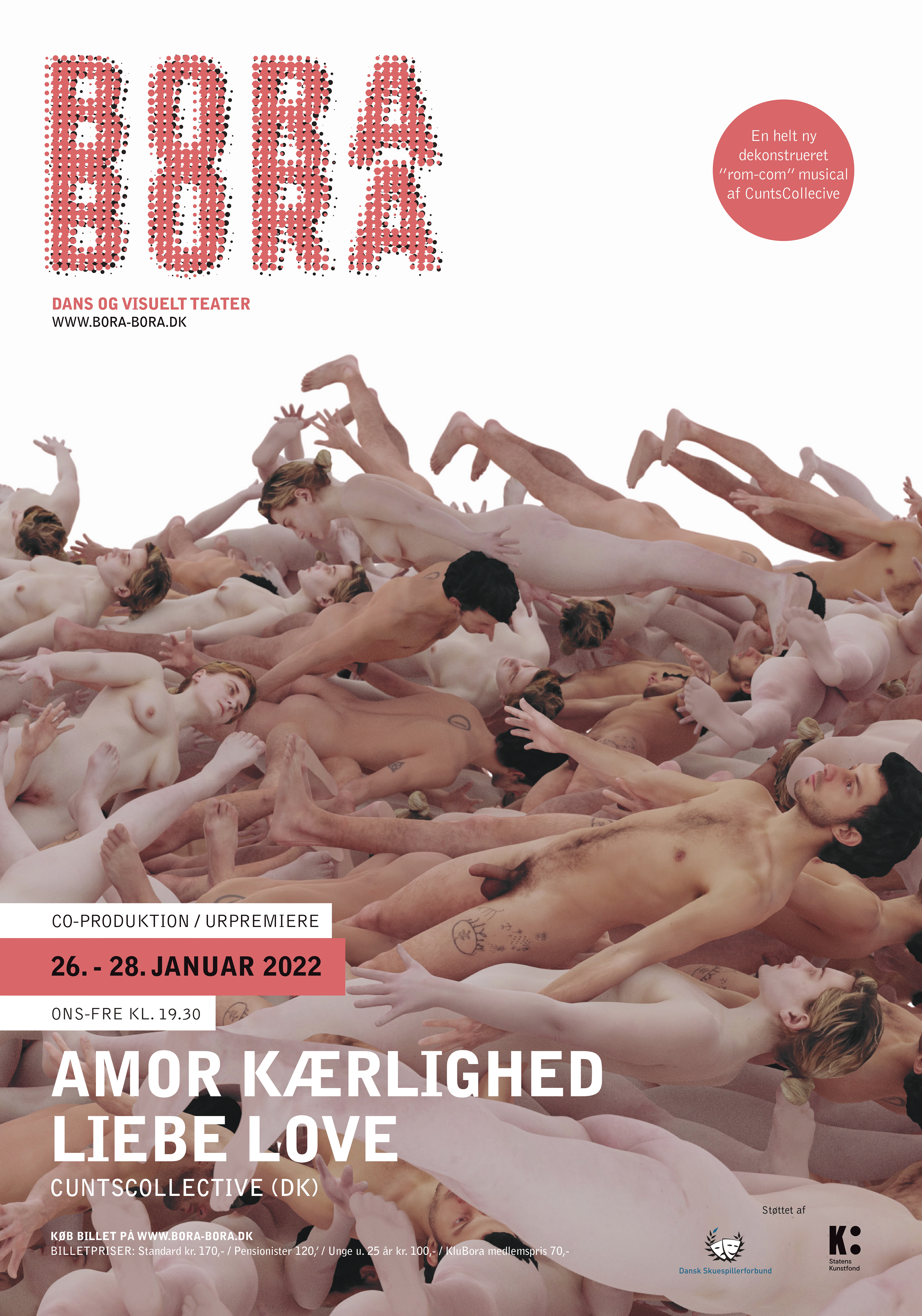 poster plakat for the show/performance "Amor Kærlighed Liebe Love" which premiered at Bora Bora in Aarhus january 2022. Graphical artwork by Imre Mark Petkov who also animated visuals for the show. original music by "zack christ"