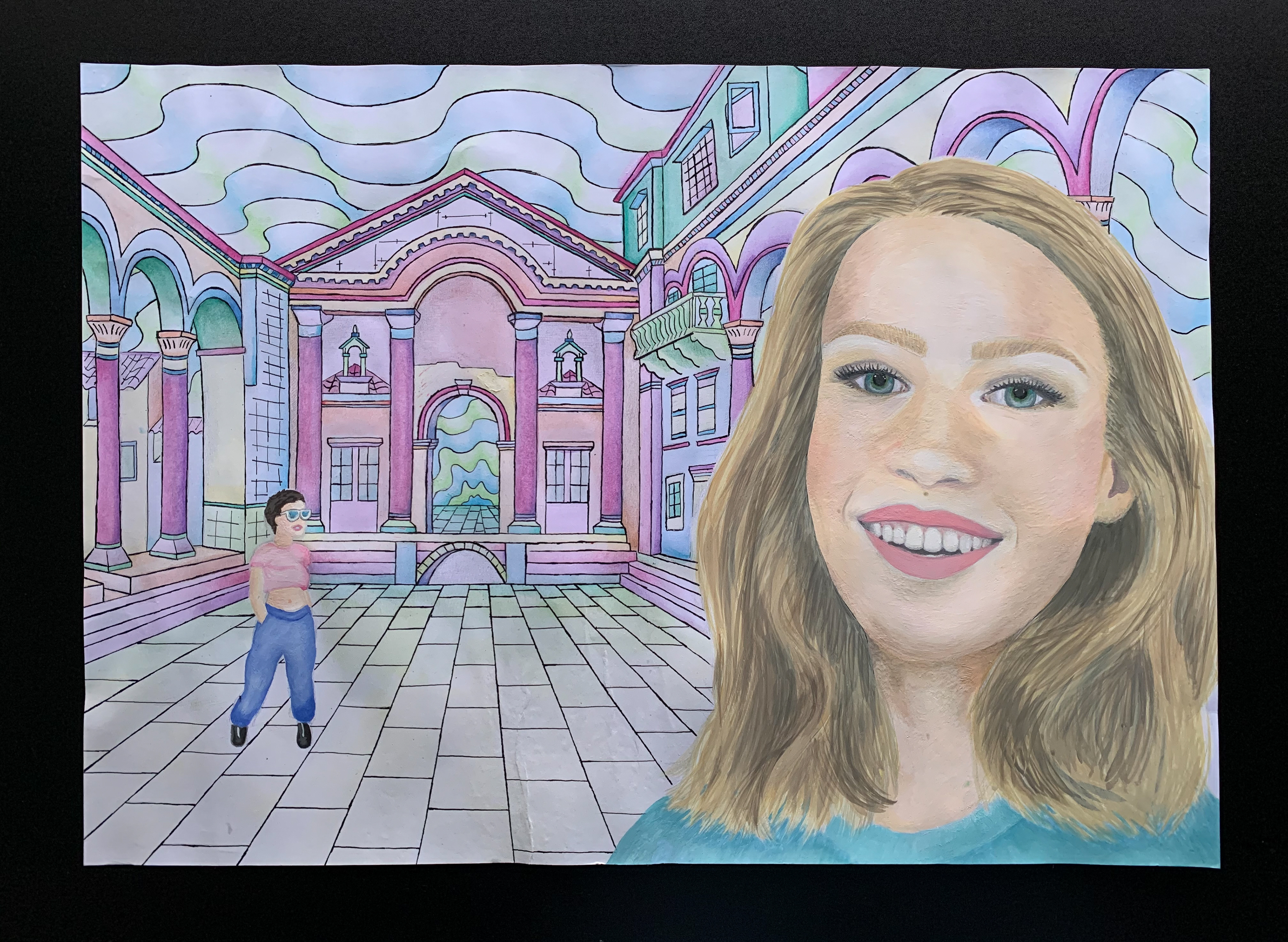 Zelfportret plakkaatverf, met een 'idool' en gebouw op de achtergrond