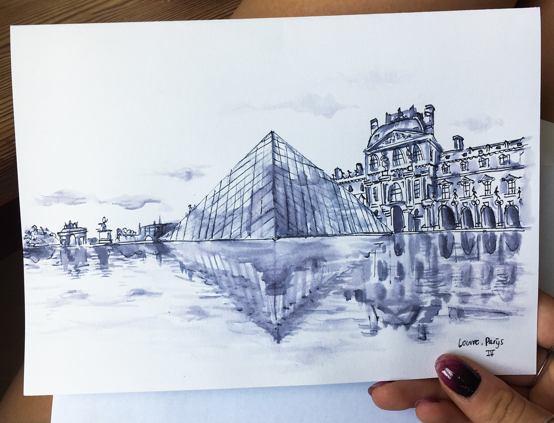 Fineliner met water tekening Louvre