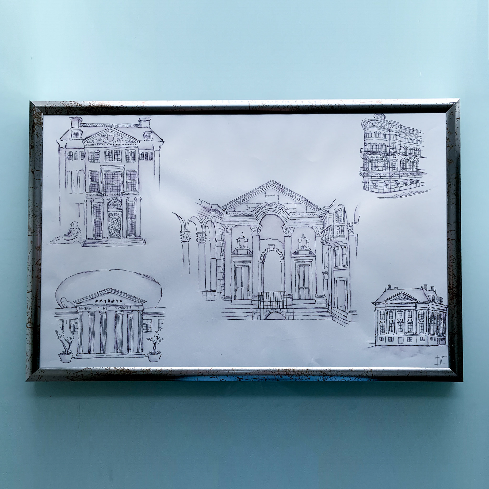 Fineliner tekeningen klassieke gebouwen