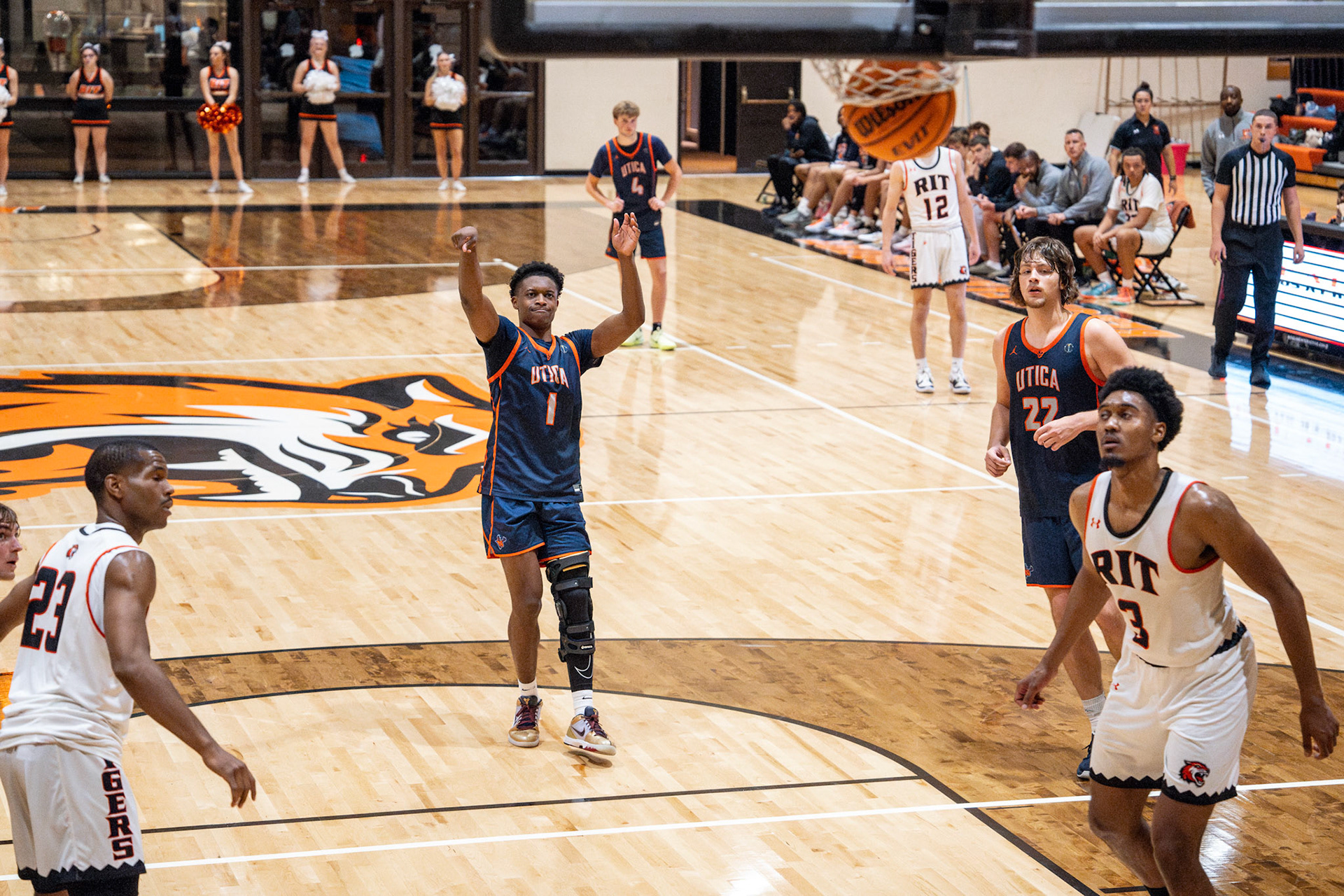 Dayion Thompson of Utica University men’s basketball makes a free throw against Rochester Institute of Technology on the campus of RIT, Nov. 9, 2024, in Henrietta, N.Y.