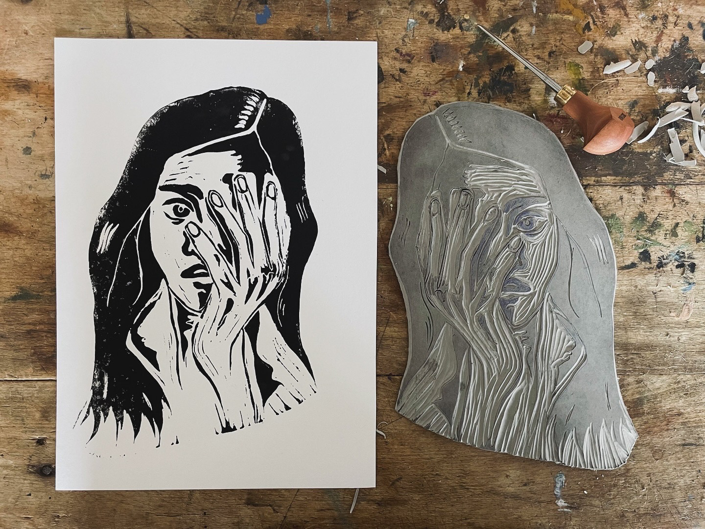 Linocut, Linopaint on Paper, 210x297mm, 2024