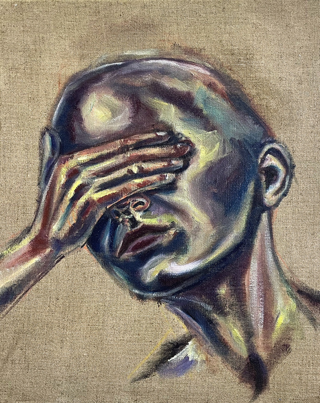 „Wegschauen 2“ Oil on jute, 40x50cm, 2023