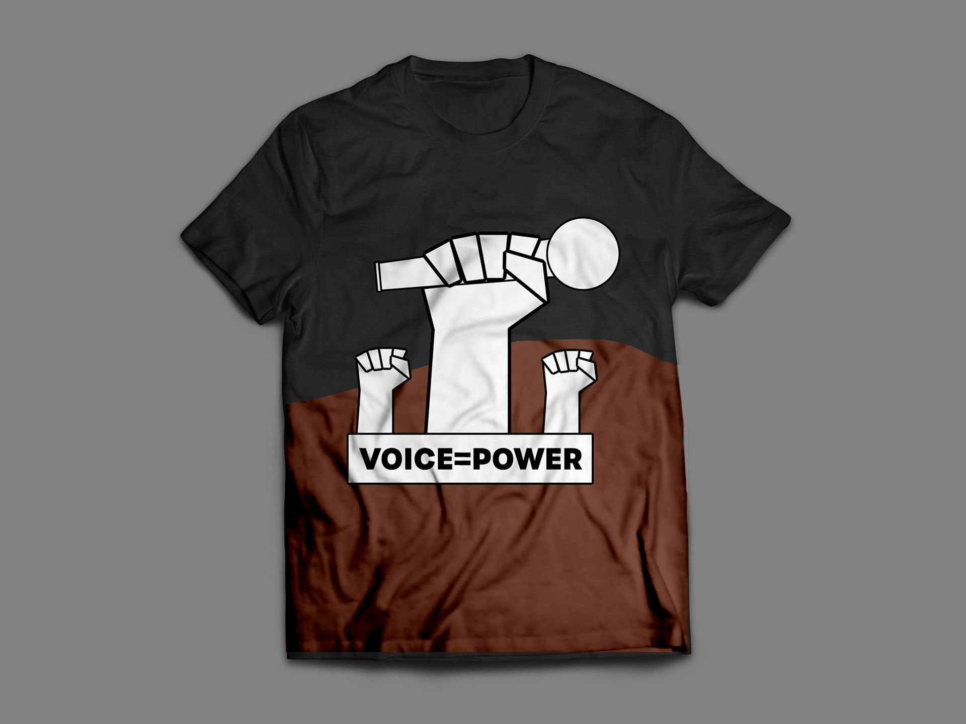 The logo on these shirts represent the power that hip hop has on people. Hip Hop provides a voice for the voiceless. The brown color on the bottom of the shirt reprents an urban community.