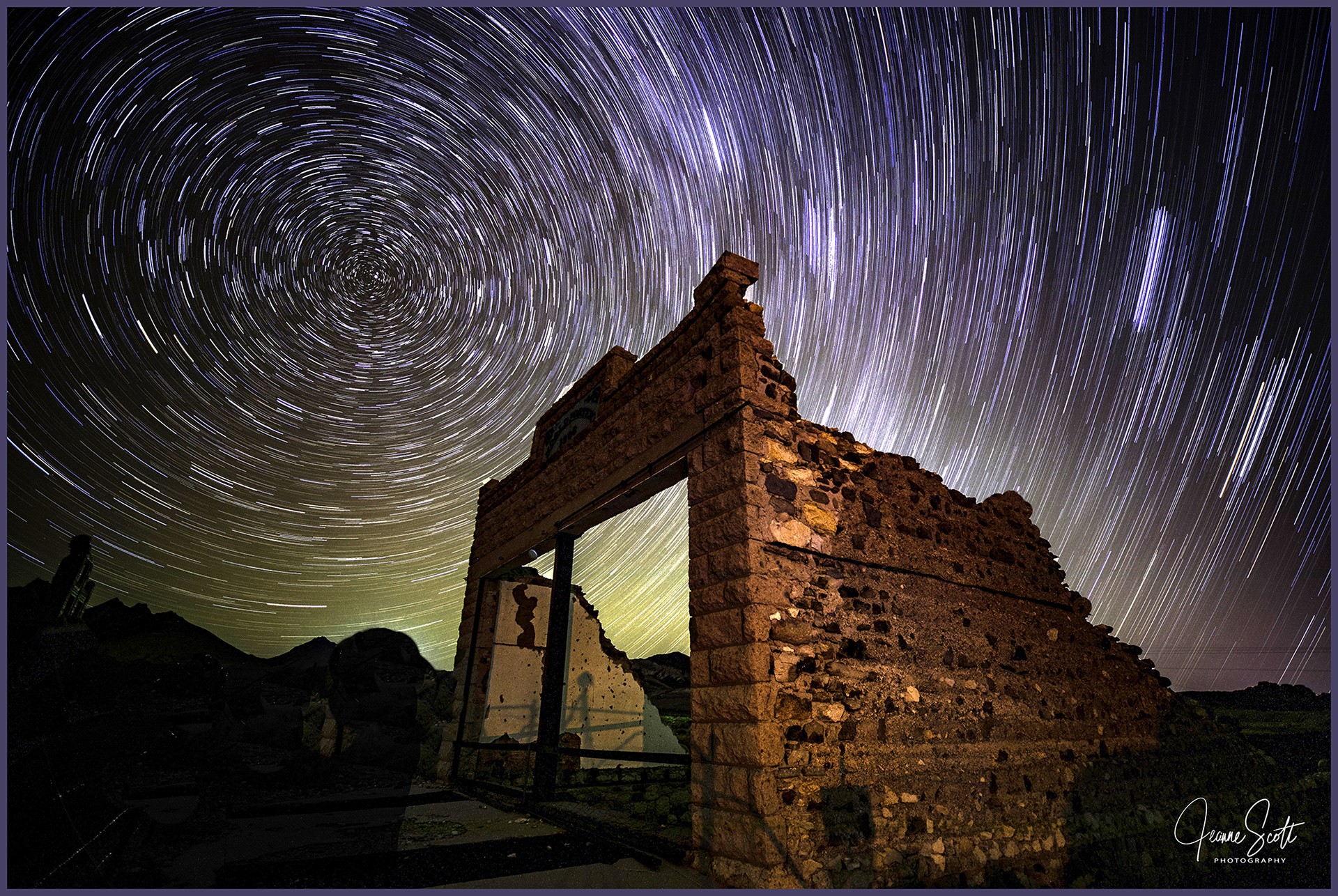 Star trails over the abandoned general store in Rhyolite ghost town, Nevada