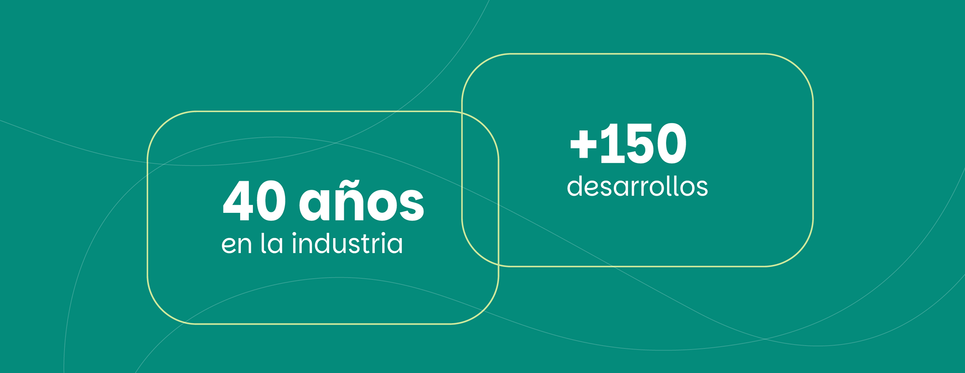 Gráfico institucional sobre fondo verde con los textos: “40 años en la industria” y “+150 desarrollos”.