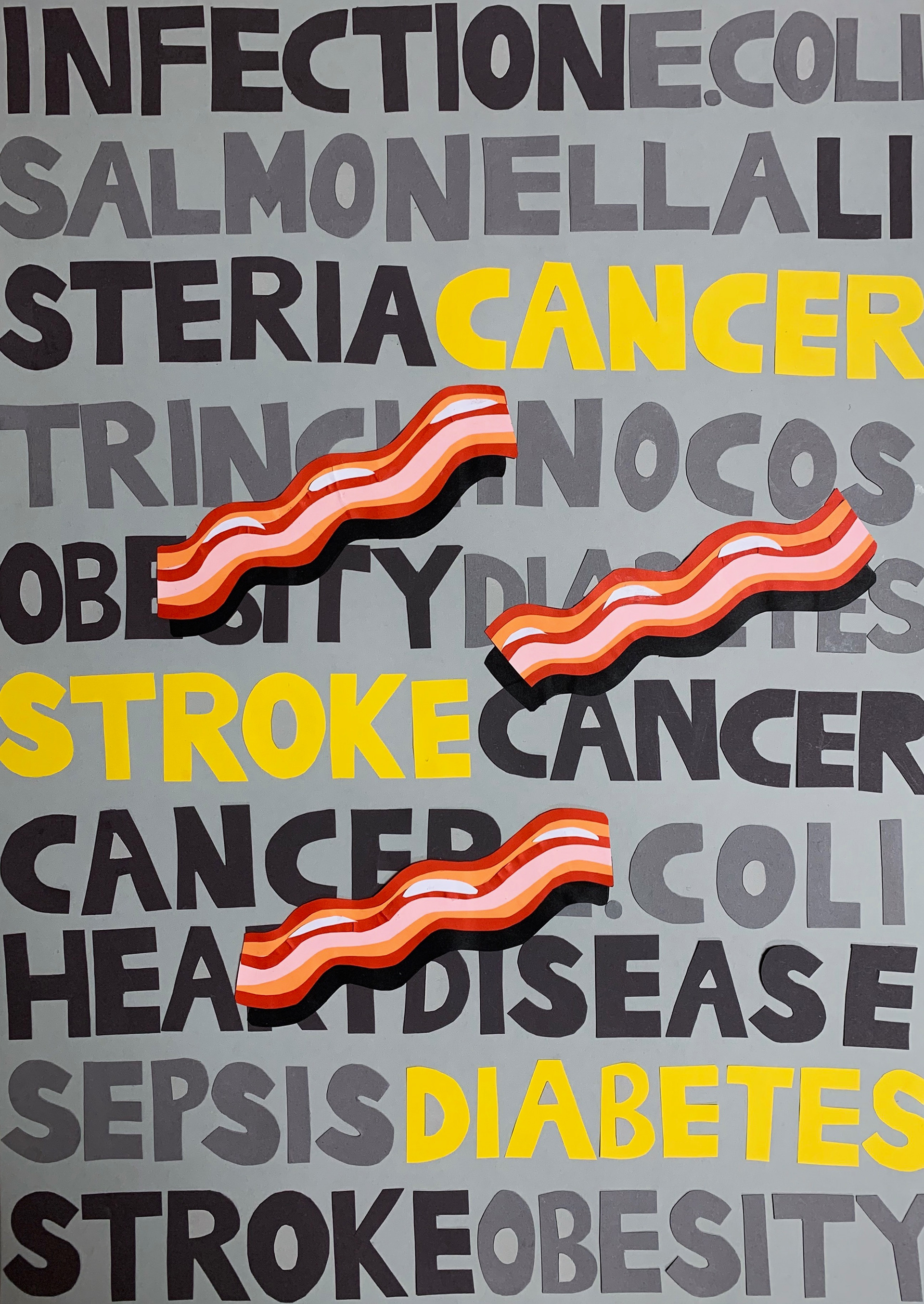 Together with my fellow classmates, Cornelia Danielsson and Marie Sandelin, we chose to focuse on the unhealthy aspects of meat, and we wanted to something about bacon. Due to we only had 24 hours to come up with an idea and to implement it, we had to work fast with our hands. We we're not allowed to use any electronics for this project.  ​​​​​​​