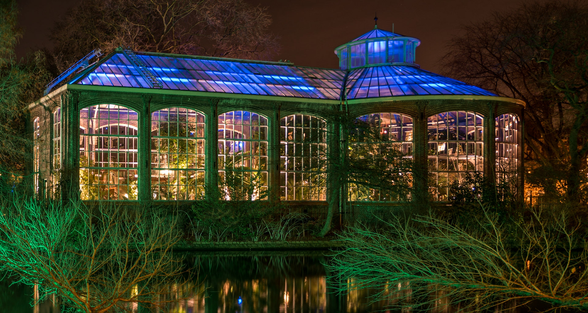 Verlicht greenhouse van Hortus Botanicus tijdens Amsterdam Light Festival 2016