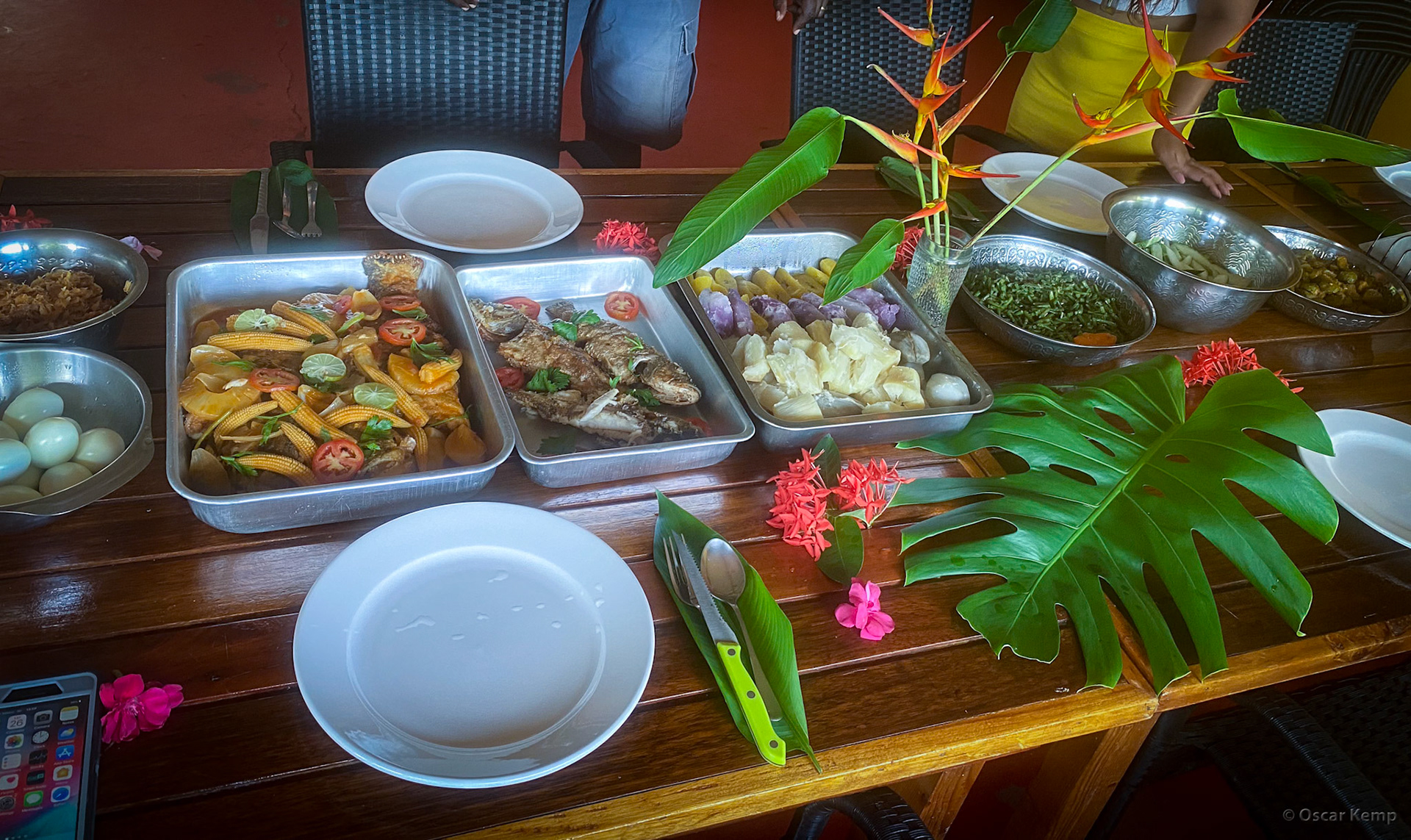 Bongo Island / Sweet and sour Tukunari with her-heri (Surinamese root fruit) and local vegetables [Suriname, 2022 03]