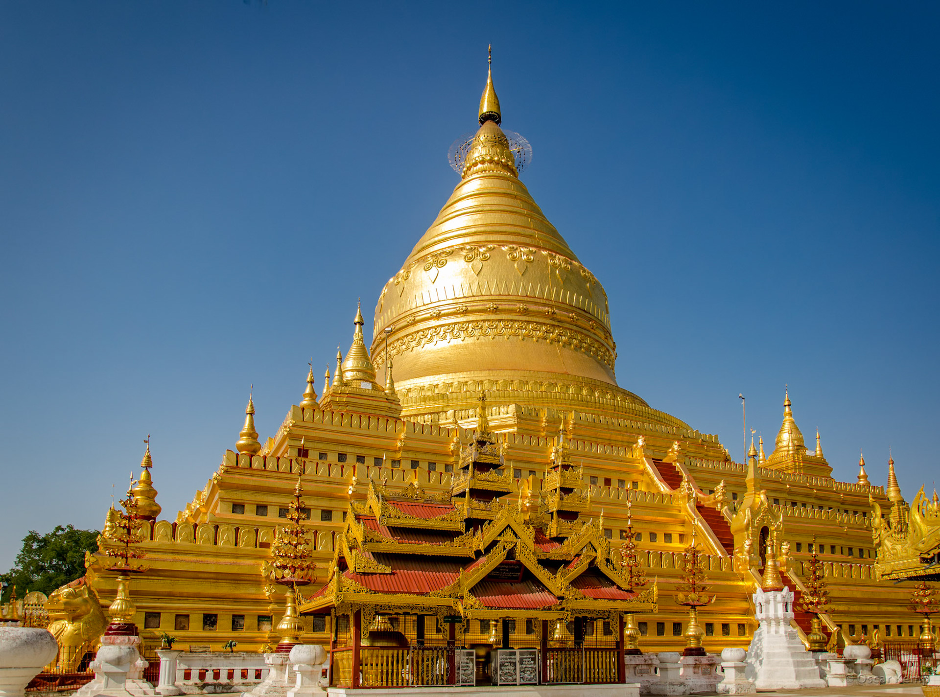 Nyaung-U, Old Bagan / Dazzling beauty of the Shwezigon Pagoda; this stupa is believed to enshrine a bone and tooth of Gautama Buddha [Myanmar, 2012 01]