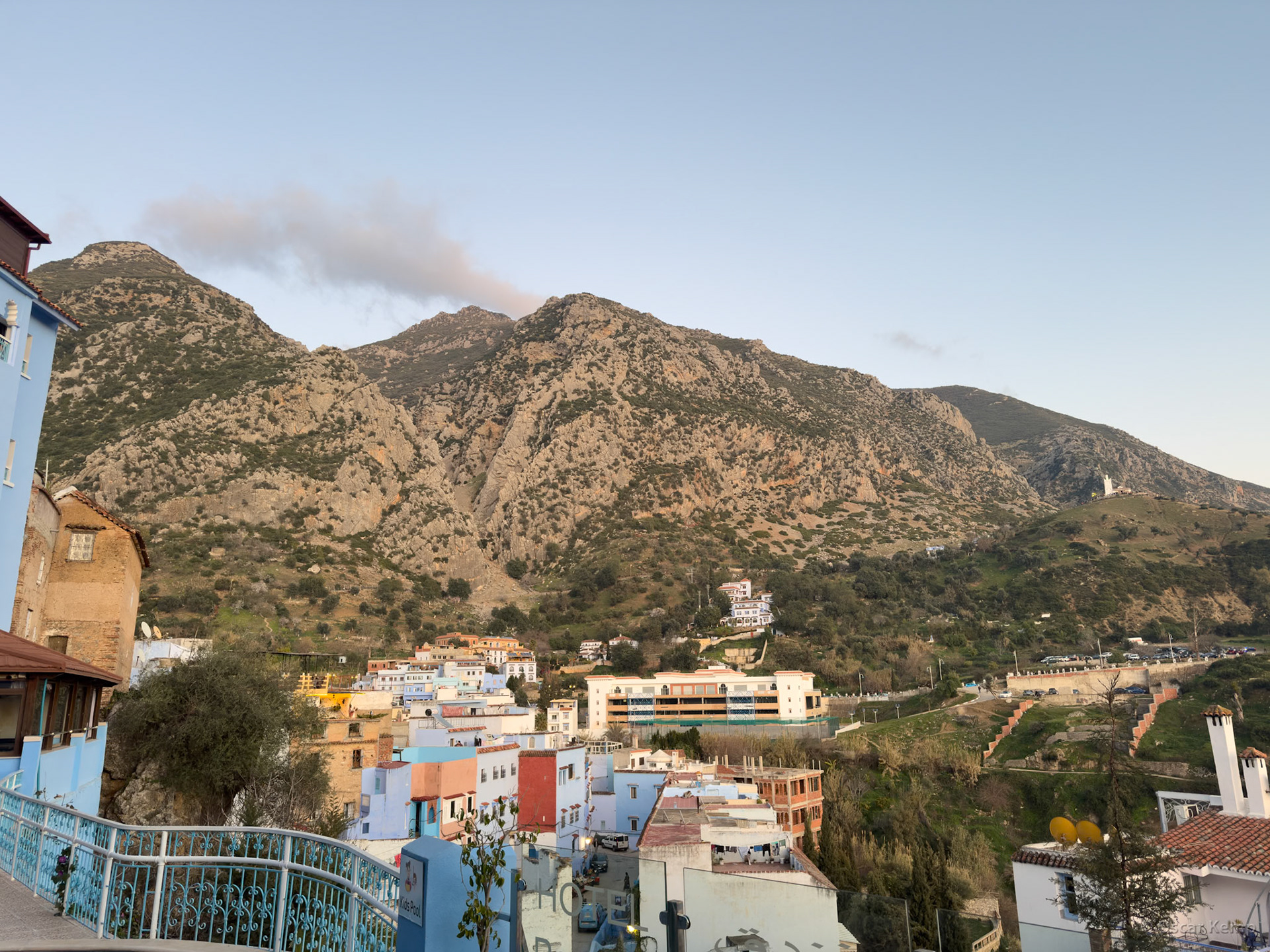 Chefchaouen / View of mount Tissouka and Bouzafer Mosque from hotel terrace [Marocco, Marocco, 2025 02]