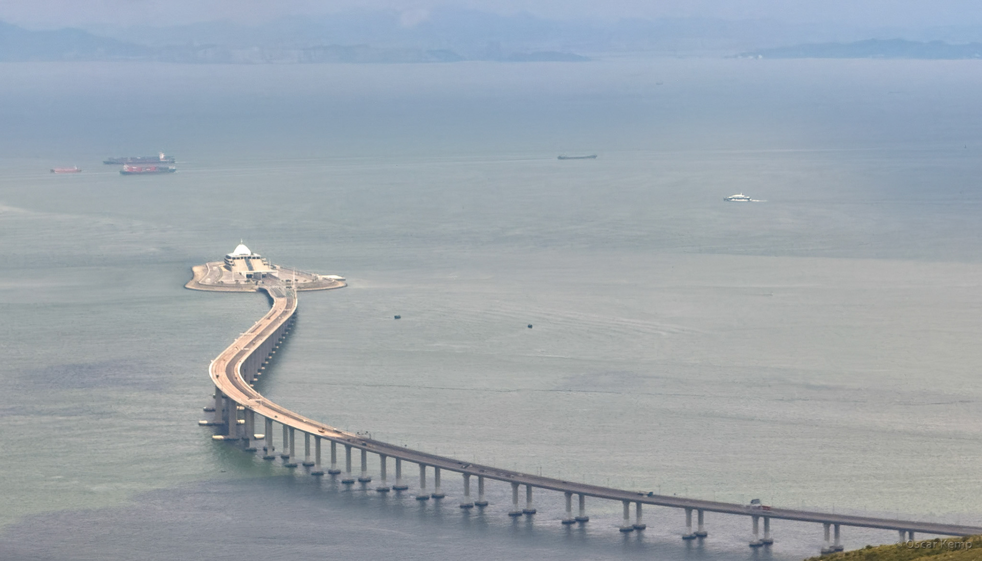 Lantau Island / View of a small section of the 55 km long Hong Kong-Zhuhai-Macau Bridge: the longest sea bridge and the longest fixed open-sea link in the world [China, 2025 05]