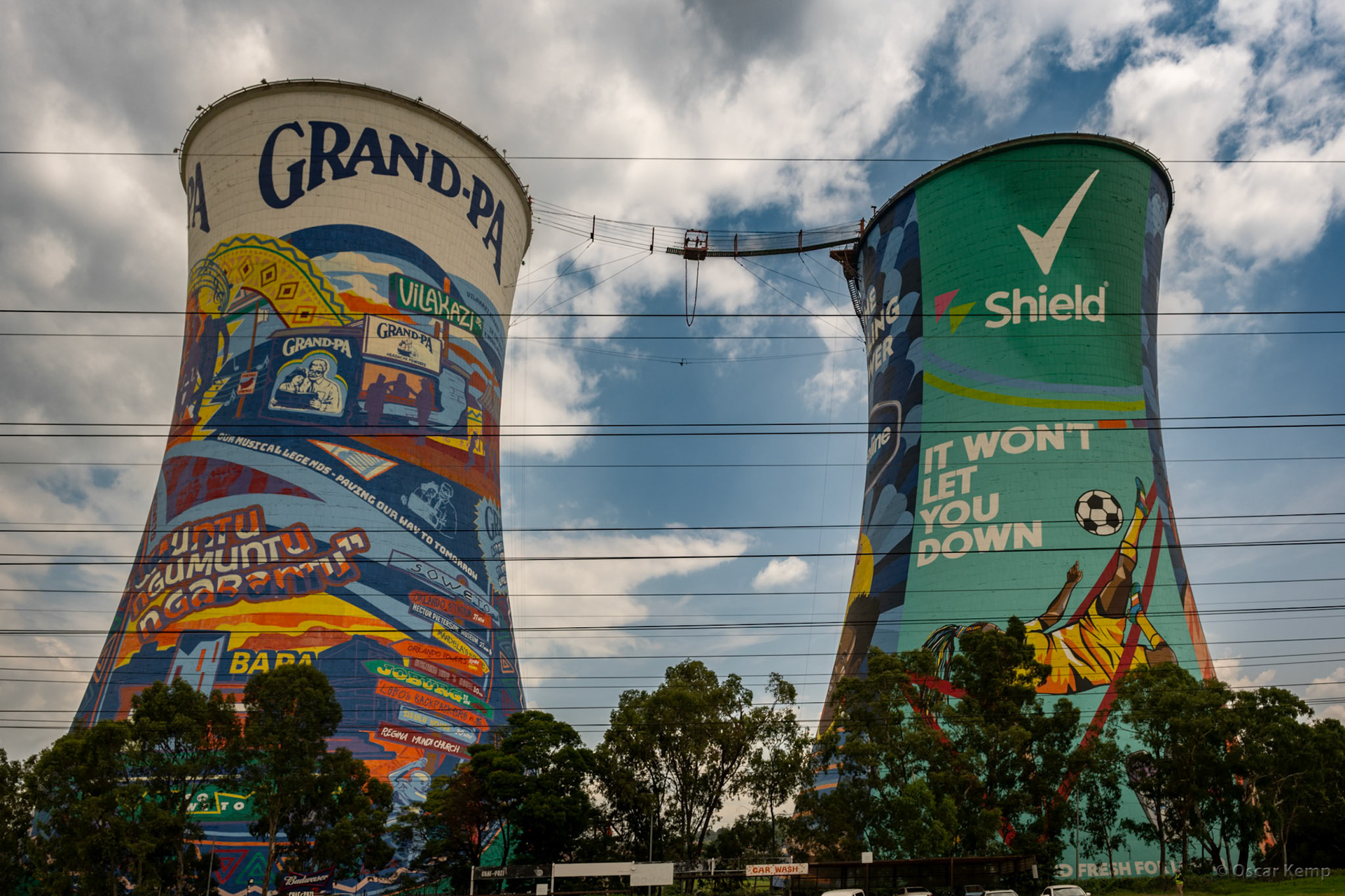 Nicolas st, Soweto / Two prominent cooling towers (build in 1951) of the decommissioned coal-fired Orlando Power Station  [South Africa, 2026 01]