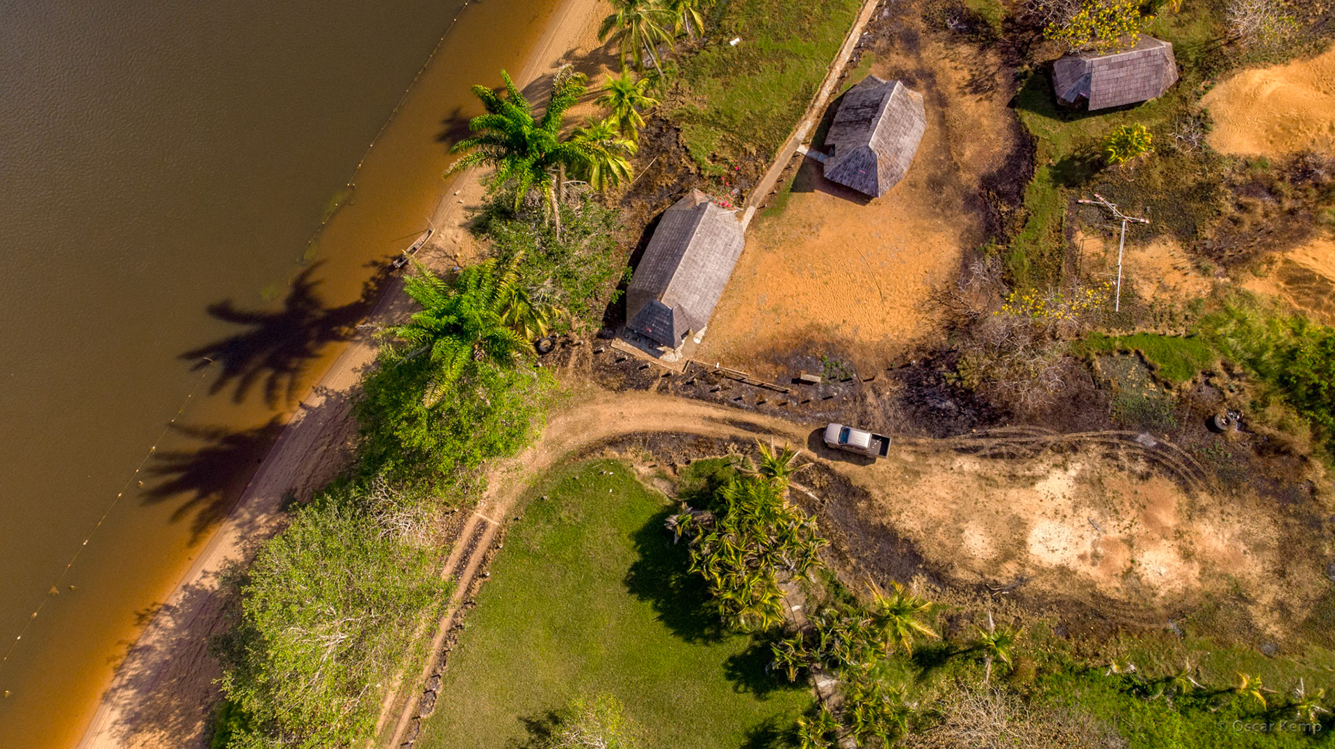 Babunhol / Drone view of river beach with day huts [Suriname, 2018 10]