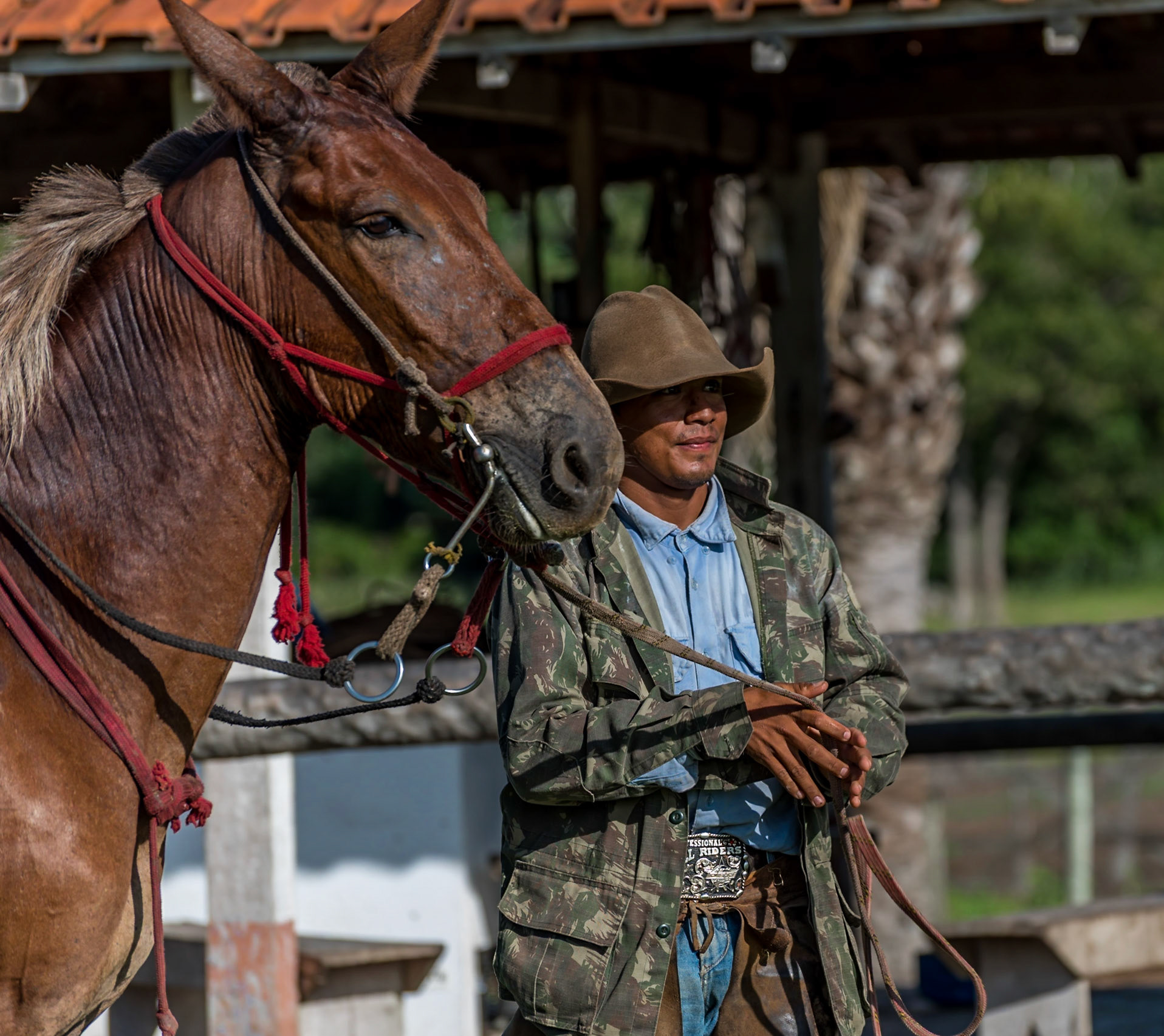 Mato Grosso do Sul-Xaraés Nature camping / Pantaneiro nervously posing with his hardy Pantanal horse [2017 01]