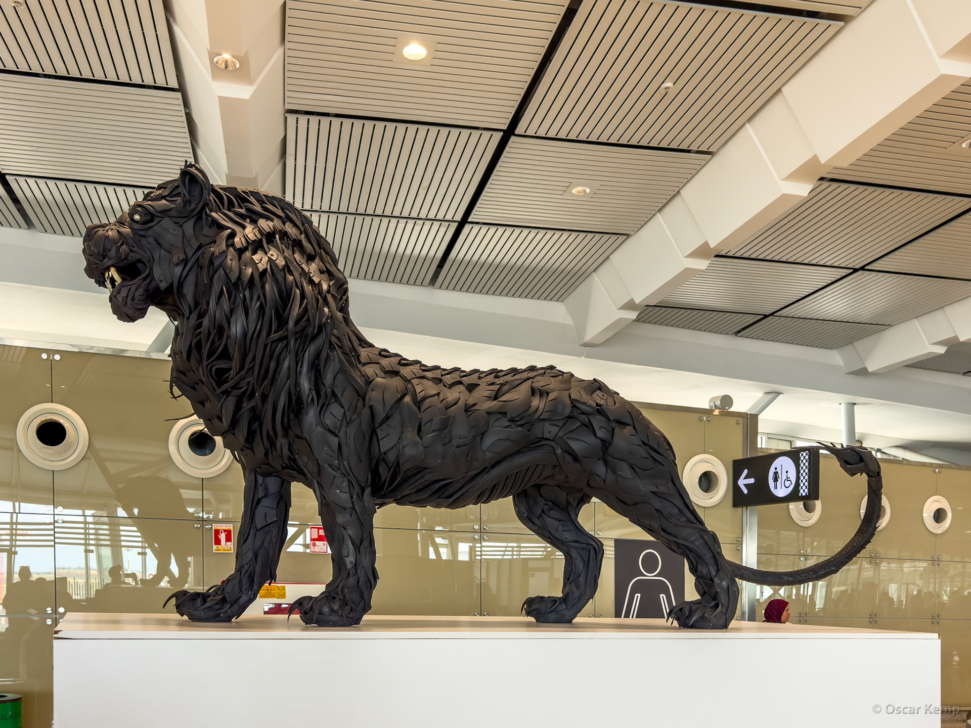 Casablanca-Mohammed V Airport, Terminal 1 / Sculpture of extinct Atlas lion entirely made of used tires and other recycled materials [Marocco, 2025 02]