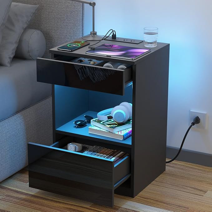 Rolanstar Base de cama matrimonial con luces LED y estación de carga, cama de piel sintética con cajones, listones de madera, sin ruido, fácil montaje, negro.