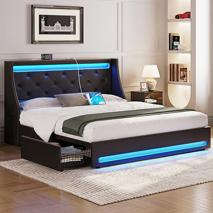 Rolanstar Base de cama matrimonial con luces LED y estación de carga, cama de cuero sintético con cajones, listones de madera, silenciosa, fácil montaje, negro.
