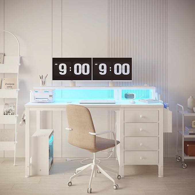 Escritorio de trabajo, home office o juegos, con soporte para uno o más pantallas, con luces LED, tomas de corriente y bolsa de almacenamiento.