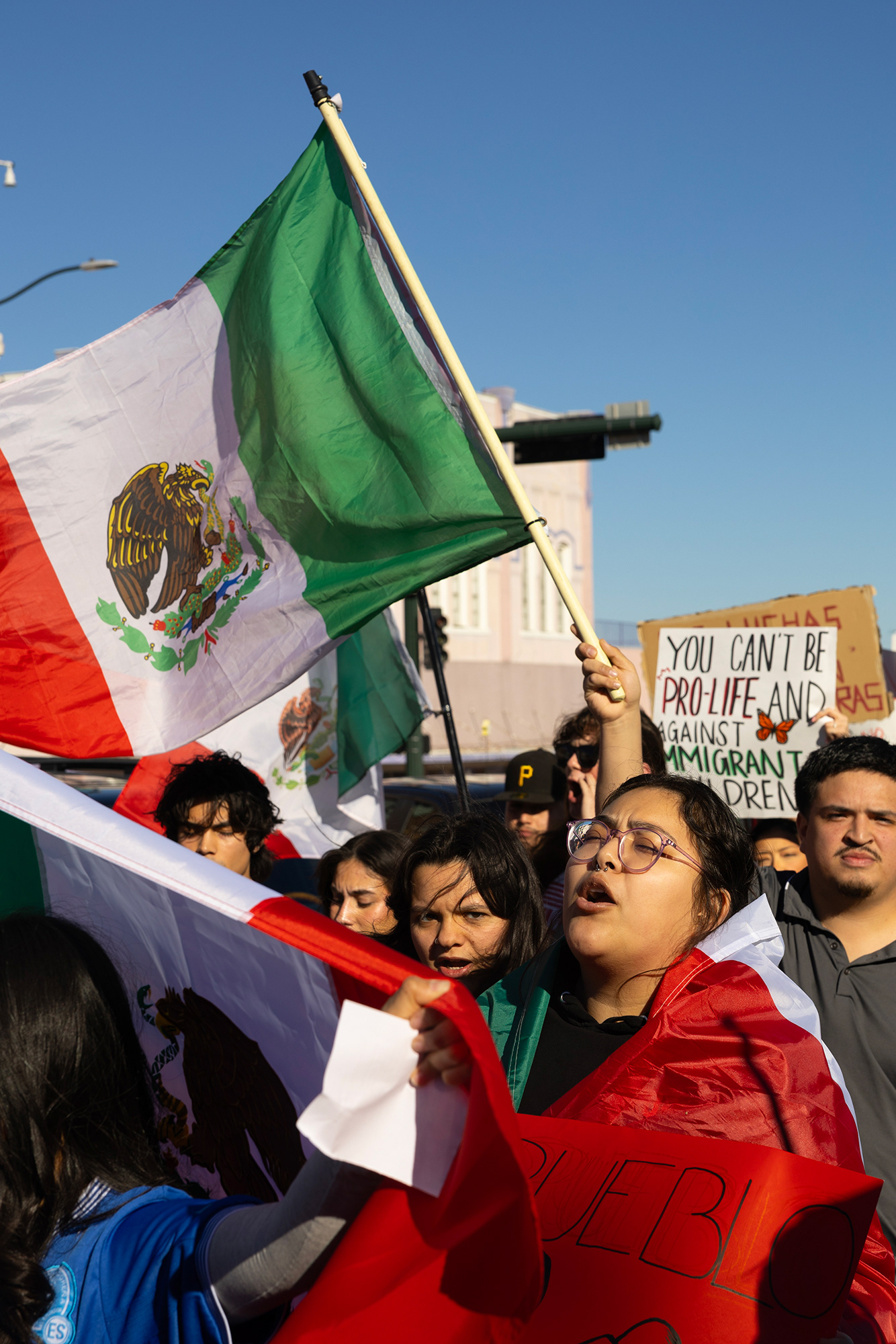 Members of UNT’s Latin-Hispanic Student Union march around Denton’s Historic Square as they protest ICE and mass deportations on Feb. 1. Photo by Maria Vargas