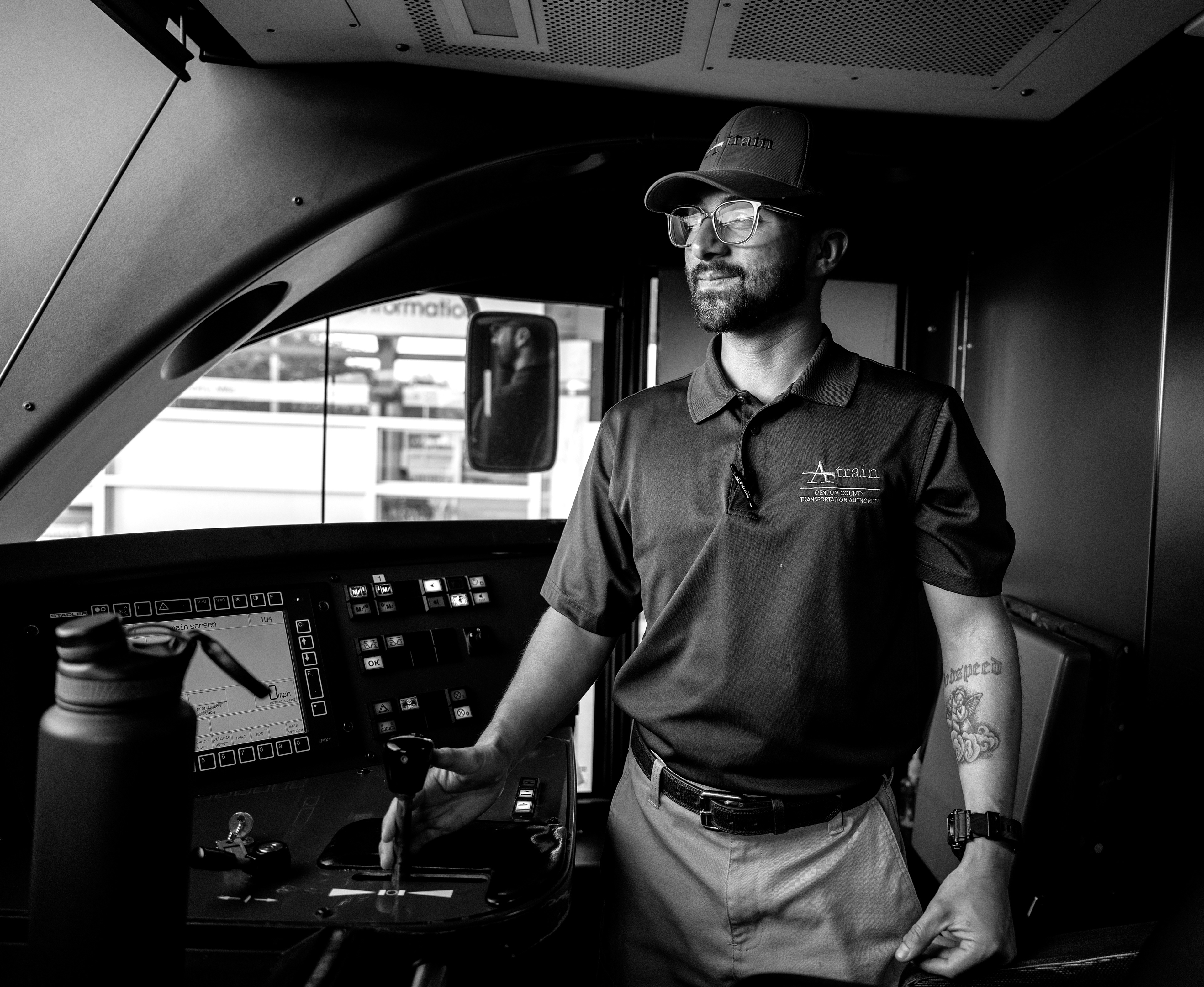 Anthony Benvides prepares the train for departure. Benvides is a DCTA conductor who lives in Fort Worth. He was curious about his ancestry and traced it back to Indigenous tribes from Chihuahua, Mexico.