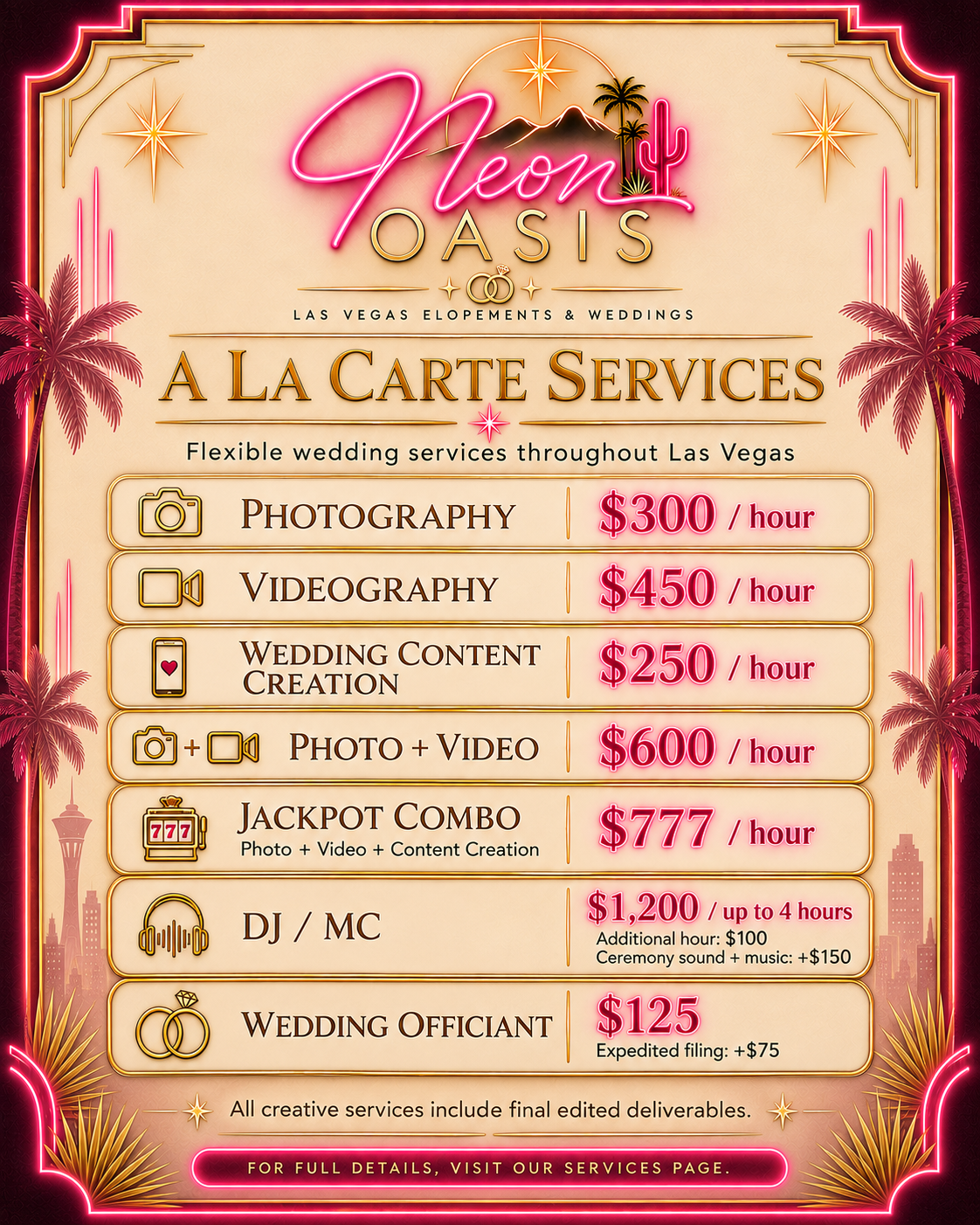 Neon Oasis Las Vegas wedding services menu featuring photography, videography, content creation, DJ/MC and officiant services.