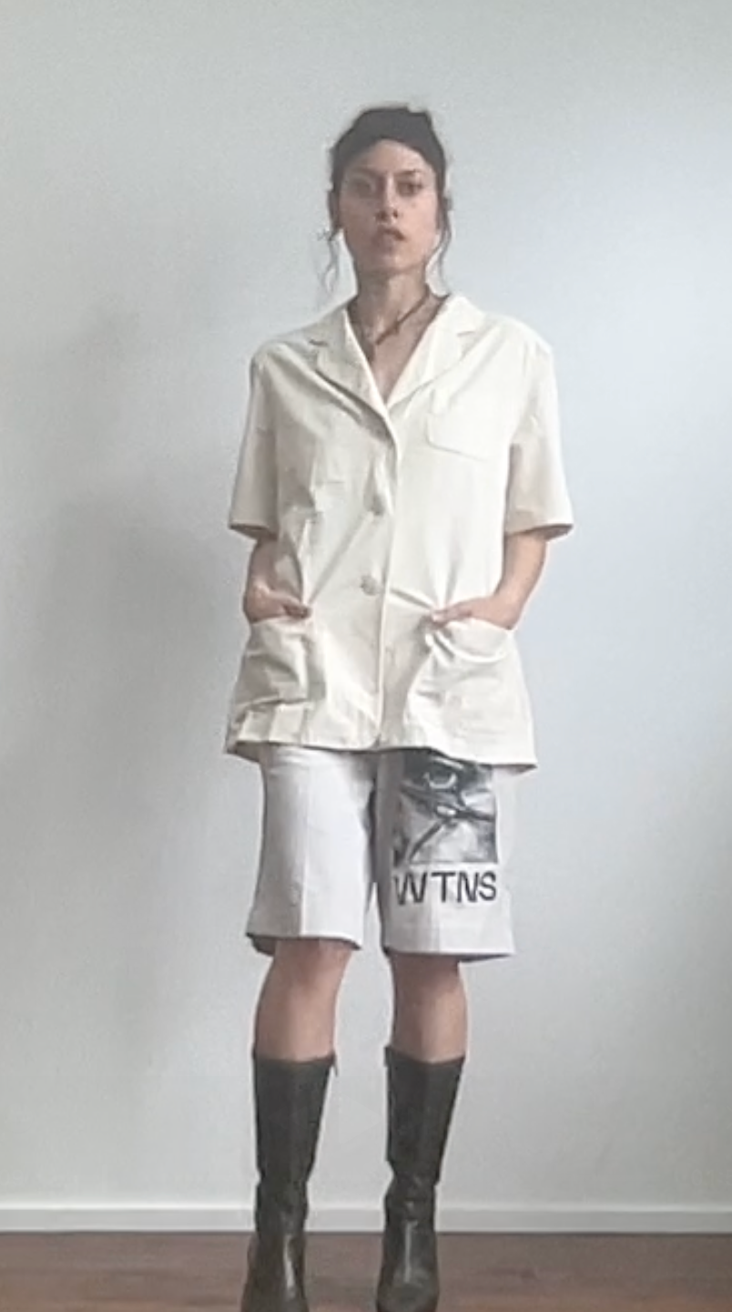 25€ - light beige shirt, deluxxe feel - beautiful shirt to go around town in, with shoulder pads (personal favorite!!) brand: canda size: 40 material: 100% cotton blessed with crazy sexy screenprinting.