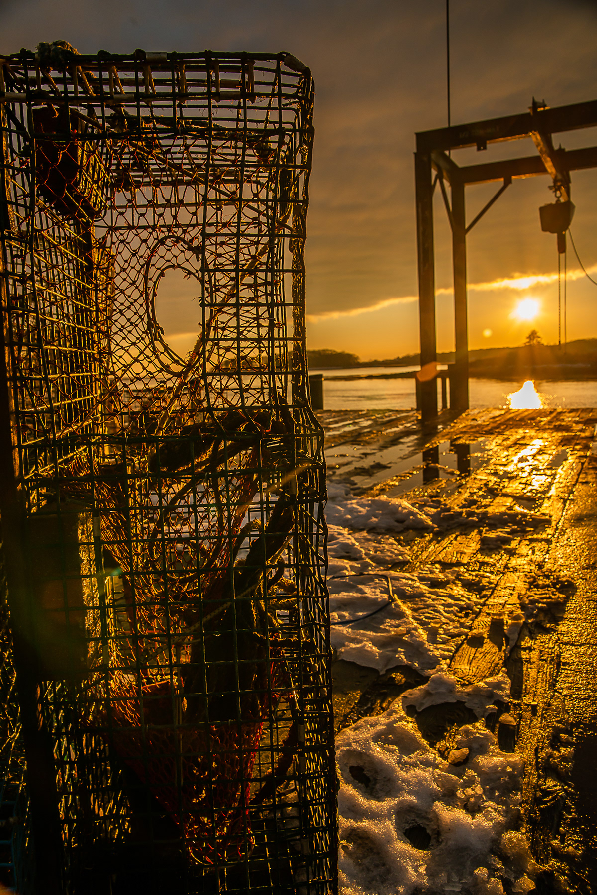 Lobster Traps in a Snowy Pier