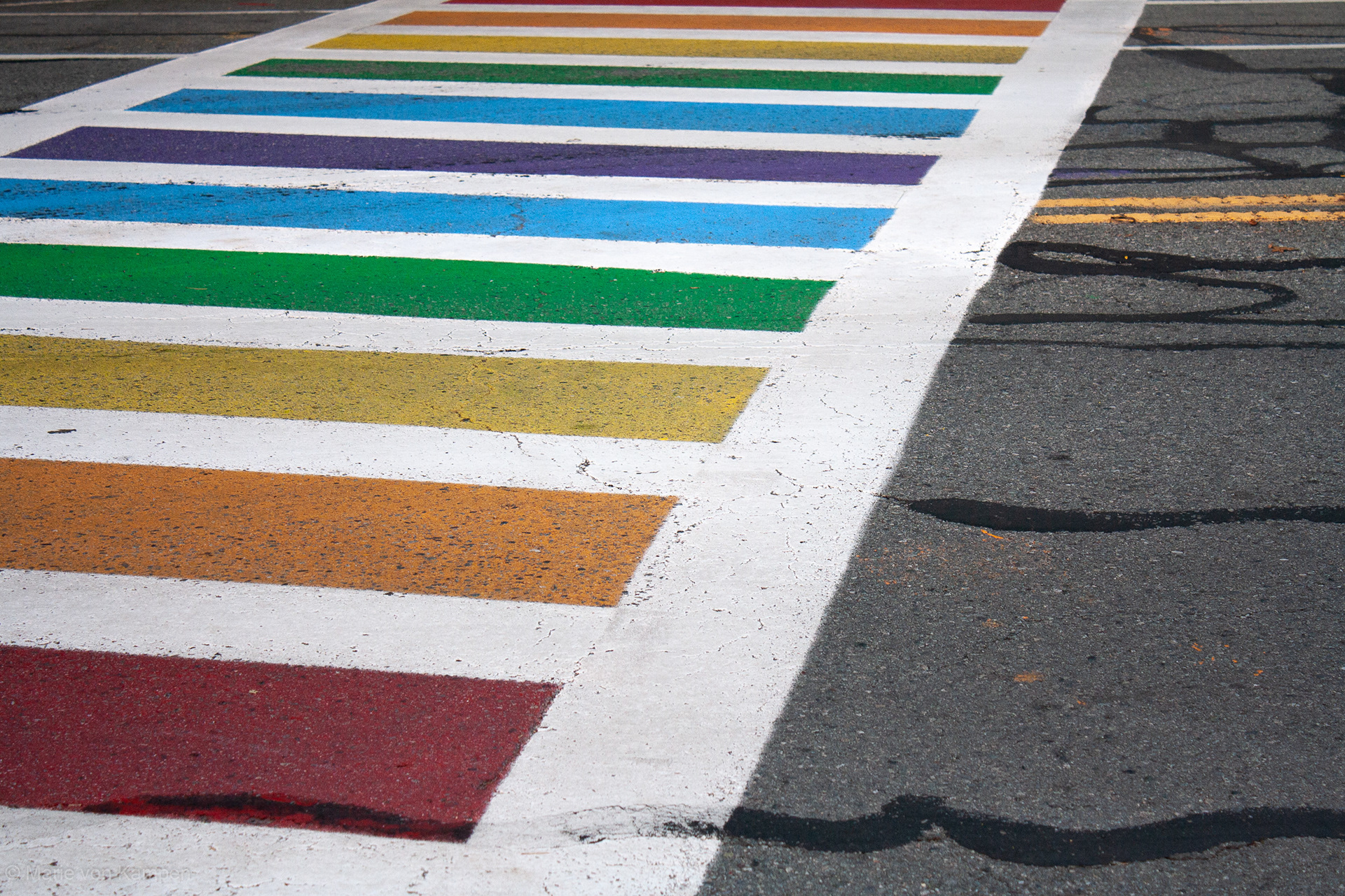 Pride Crosswalk. Taken in Brookline, MA, on October 14, 2020. f5.6 (1/80s ISO 400) Lens: EF-S18-55 f/3.5-5.6 IS (EFL 48mm) Photo by Marie von Kampen