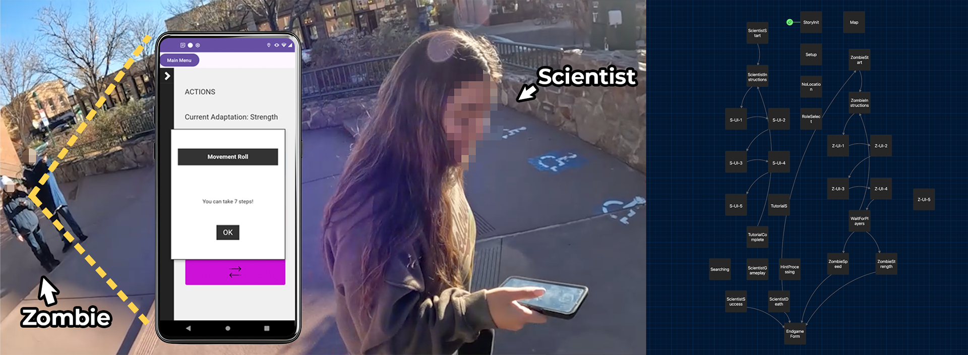 Zombie Apocalypse is a team-based, location-aware Twine game that blends mobile network measurement with competitive tag mechanics. Players choose to play as either a Scientist or a Zombie, with roles designed to be asymmetrical and emphasize different forms of interaction and mobility. Scientists move freely in search of antibody samples to create a zombie vaccine, using device vibration and orientation cues. Zombies, by contrast, use dice-rolled network measurements to determine their movement range and attack capabilities, choosing between “Speed” and “Strength” adaptations to pursue and infect Scientists. The game ends either when a Scientist successfully collects all required data samples and synthesizes a vaccine, or when Zombies manage to successfully attack a Scientist three times. 