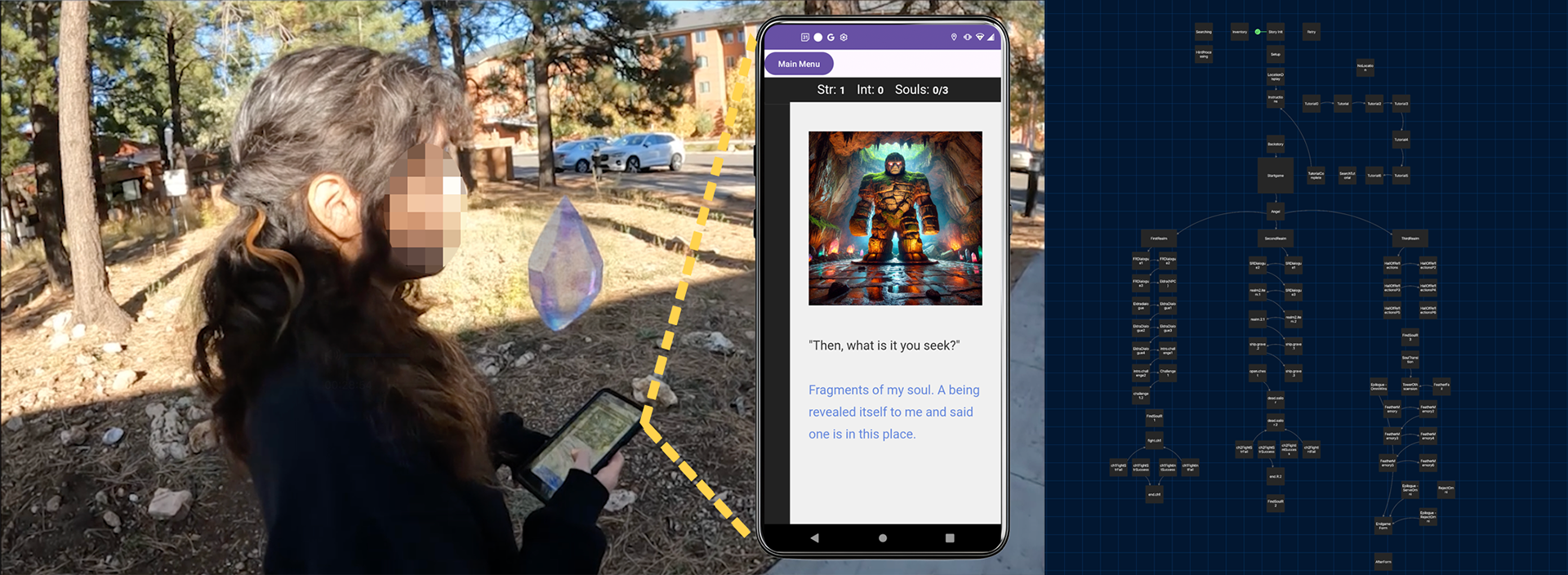 A choose your own adventure game designed to be solitary and synchronous. Soul Seeker is a narrative Twine game that places the player in the role of a lost soul navigating a surreal and fragmented world in search of their identity. As players journey through strange realms, they encounter moral dilemmas, cryptic memories, and an enigmatic entity named Omni who challenges their perception of truth and self. The game unfolds through branching choices that influence both the tone of the journey and its outcome, ultimately leading to one of three possible endings. Throughout the experience, themes of memory, agency, and transformation are explored, making the player’s decisions central to the narrative arc. Outcomes of the game are impacted by random dice rolls, players' dynamic strength and intelligence stats, and the choices they make. The soul fragments are located spread apart at each location. Network performance metrics are collected when a player is ``searching'' for their soul. 