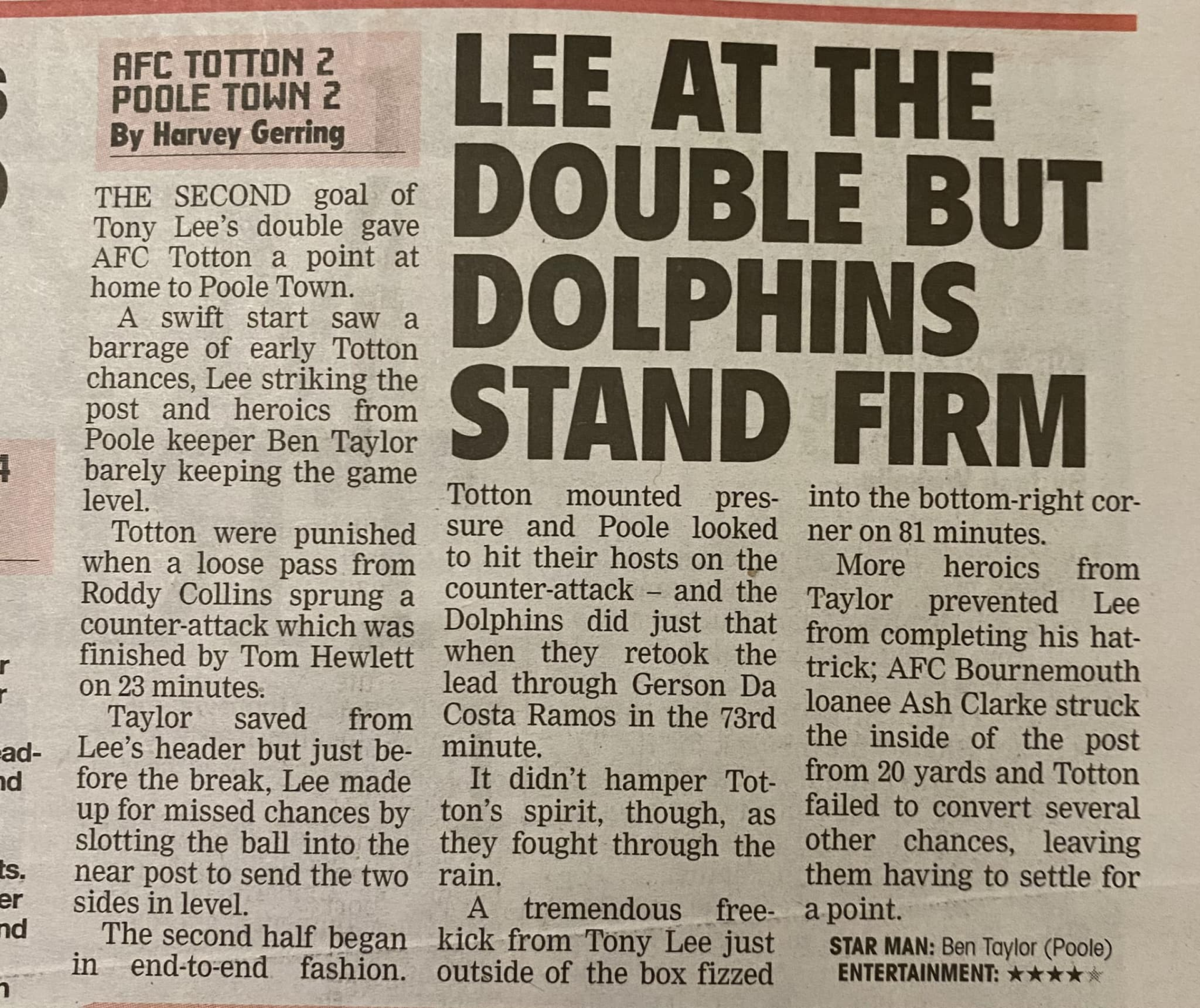 My match report of AFC Totton 2-2 Poole Town published in the Non-League Paper.