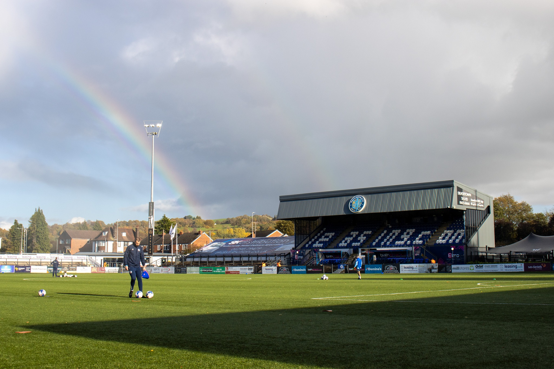 A double rainbow over the leasing.com stadium in Macclesfield.