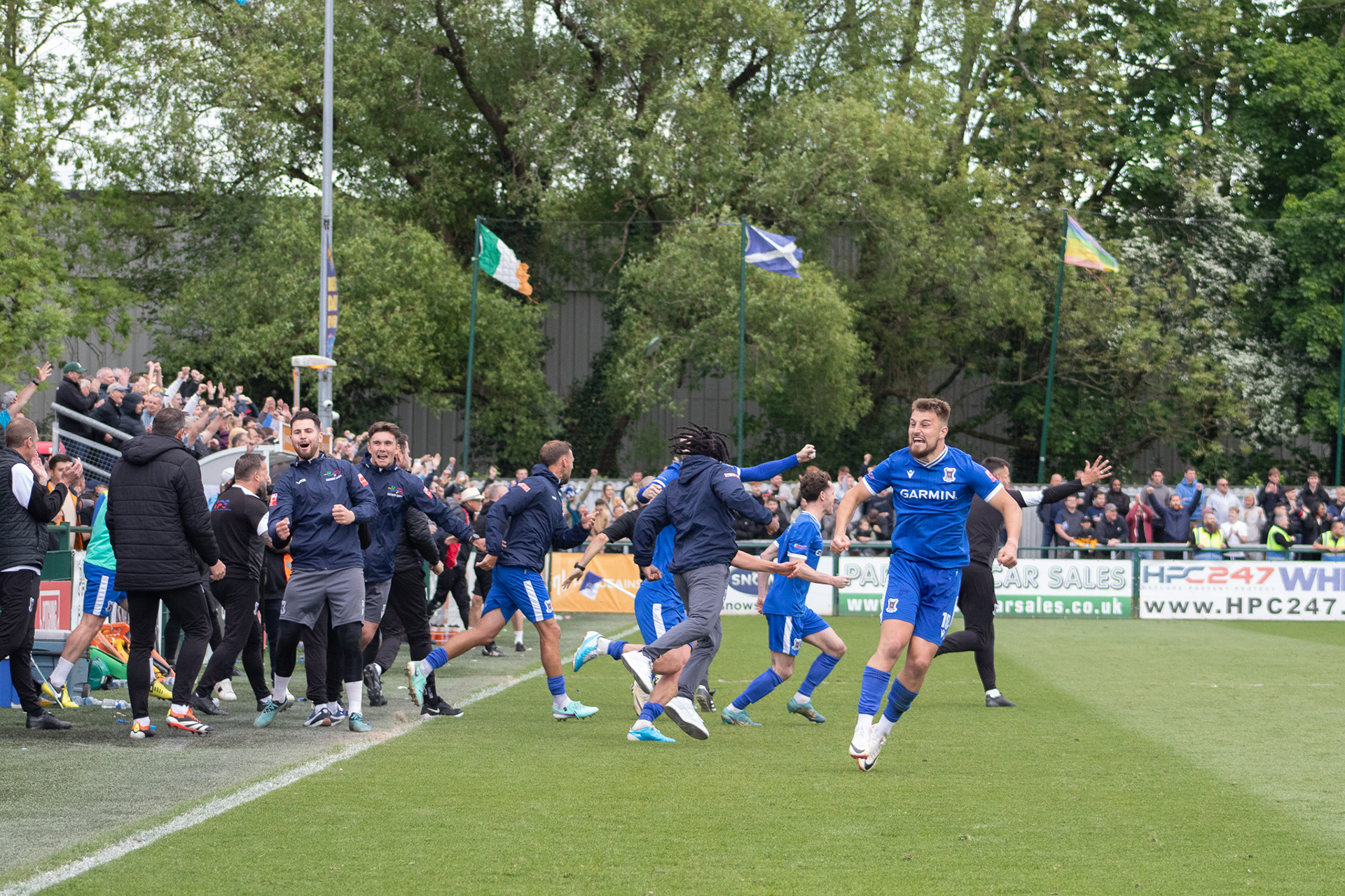 The reaction from the bench as the whistle is blown for full-time and AFC Totton are promoted to the National League South.