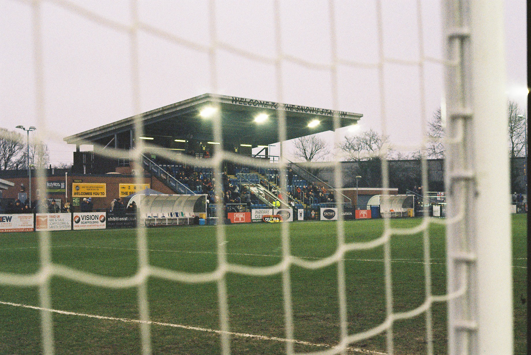 The Snows Stadium main stand through the goal.