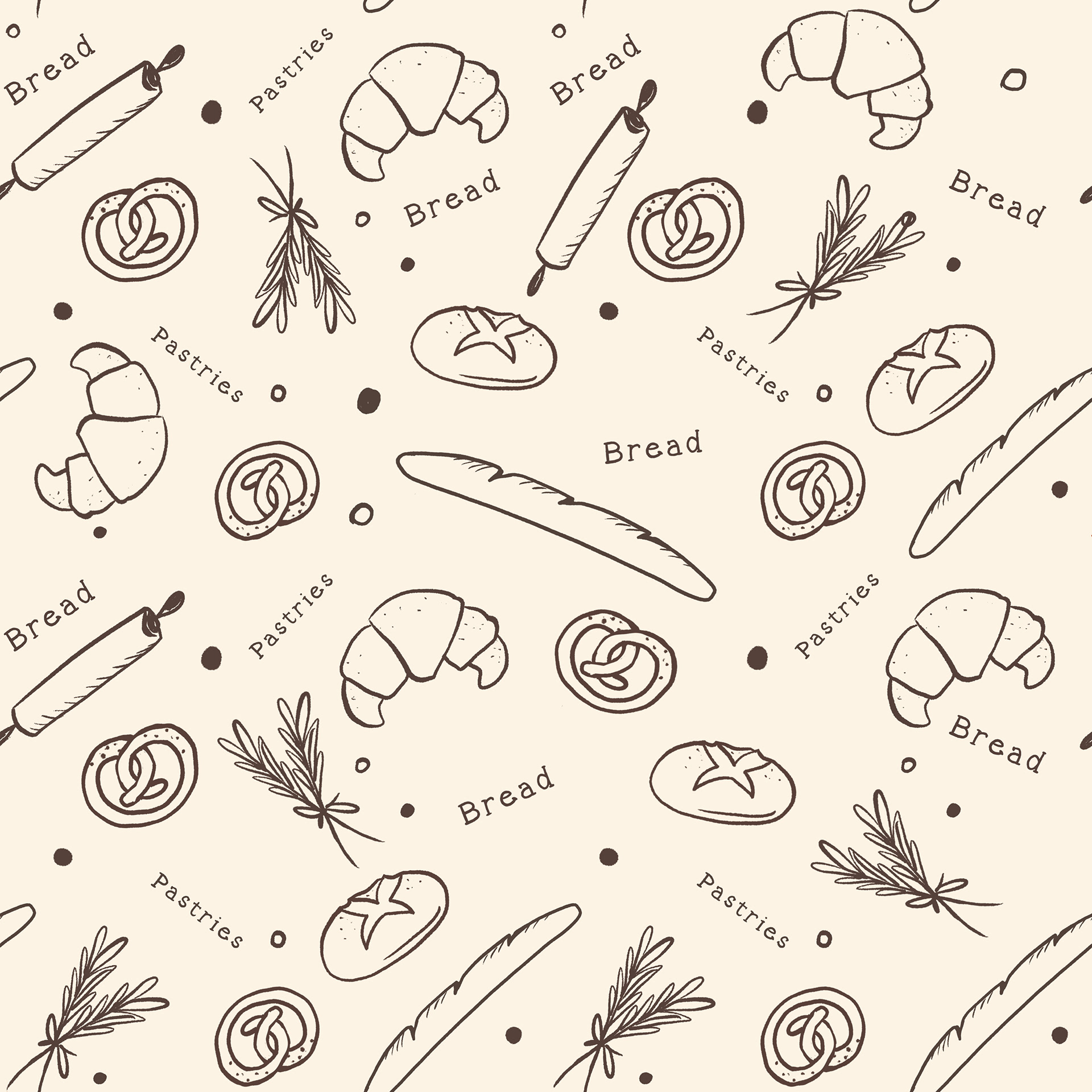 Pattern of hand-drawn croissants, rolling pins, pretzels, baguettes, loaves and rosemary sprigs