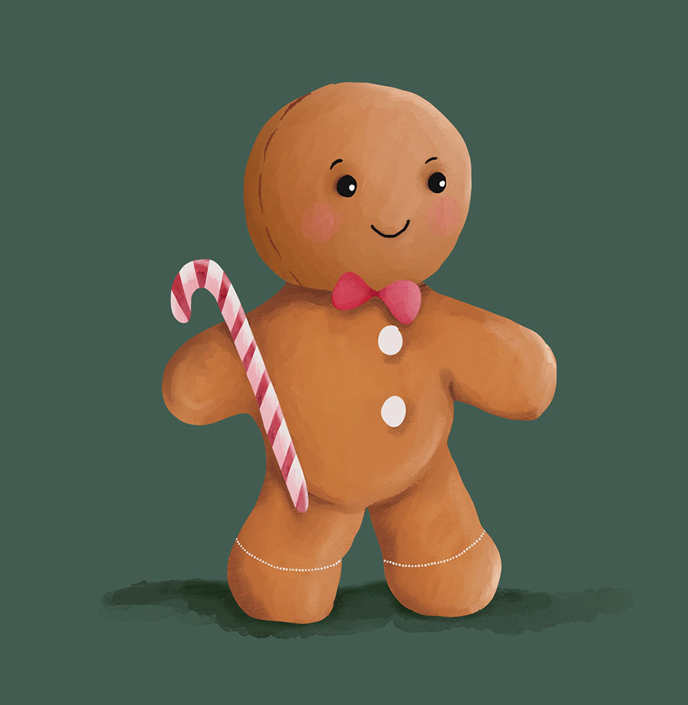 A sweet gingerbread man holding a candy cane.