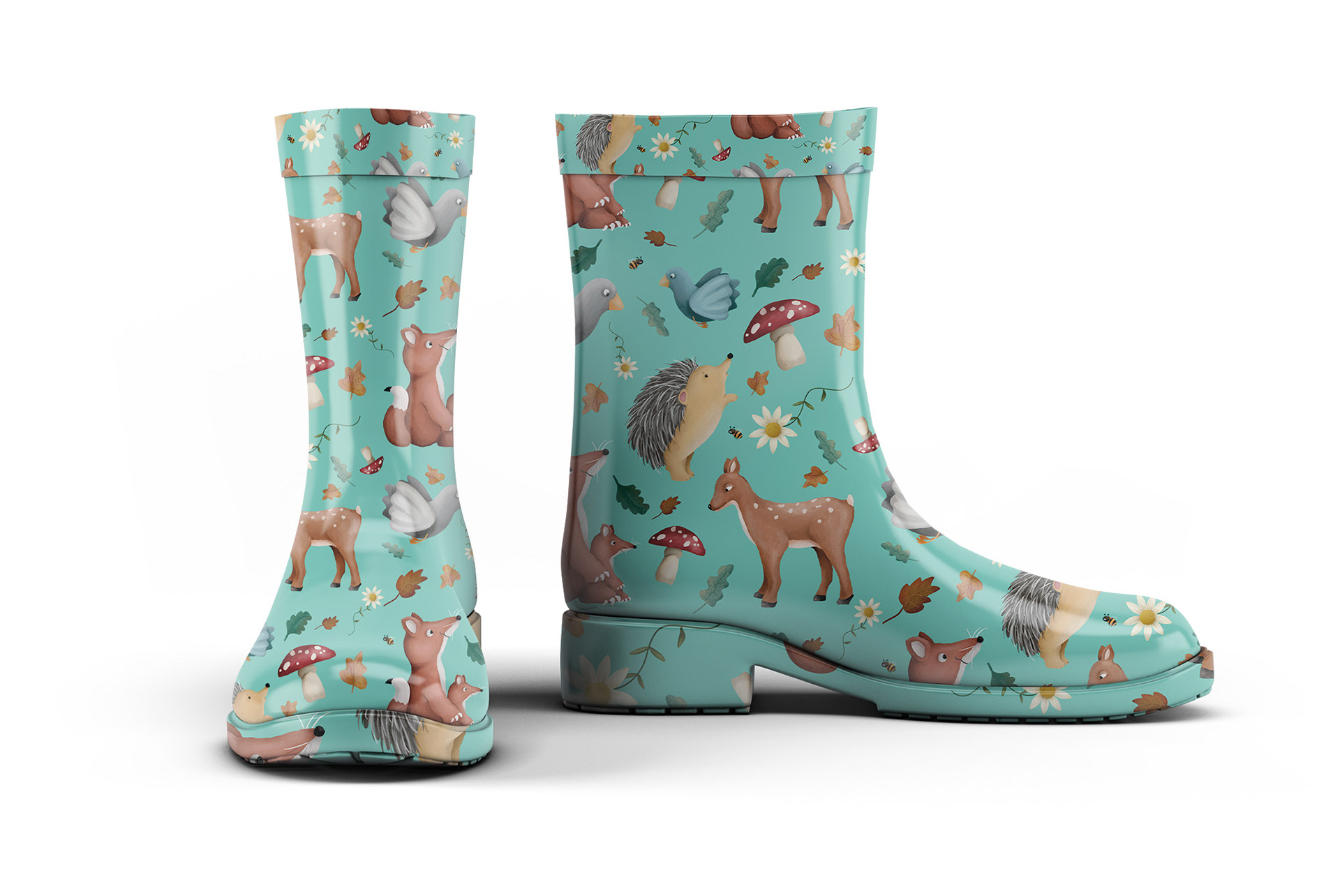 “Kids’ rain boots with woodland animal and forest pattern by Marlies Blokland.”