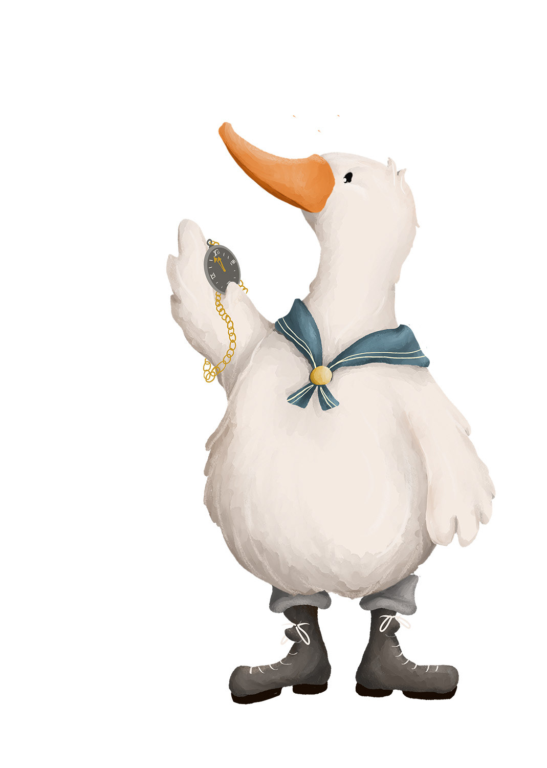 A proud little goose holding a golden watch with vintage charm