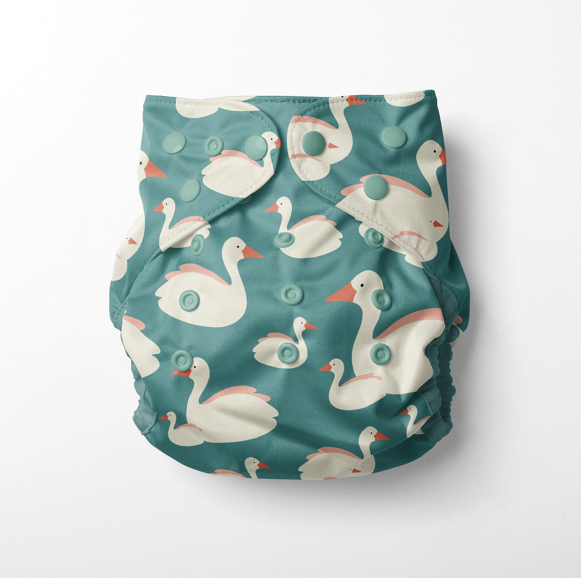 Reusable diaper with gender-neutral swan pattern by Marlies Blokland
