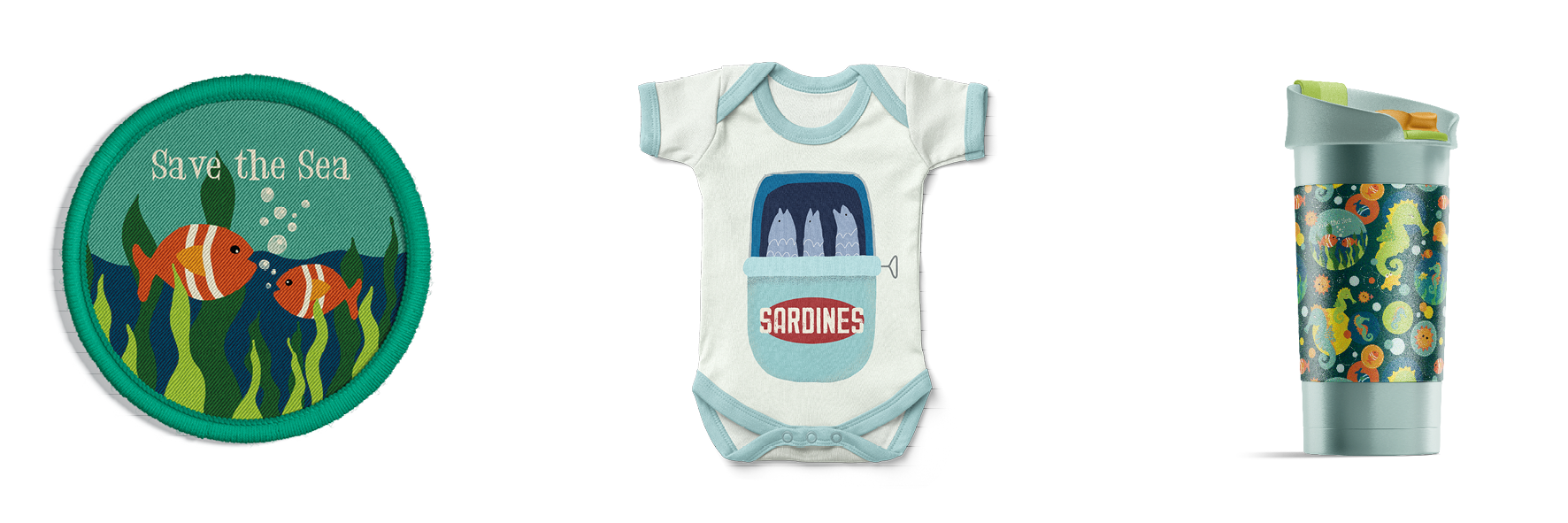 "Eco-friendly ocean-themed kids’ products: embroidered Save the Sea patch, sardine print baby bodysuit, and sustainable reusable tumbler with colorful sea life design."
