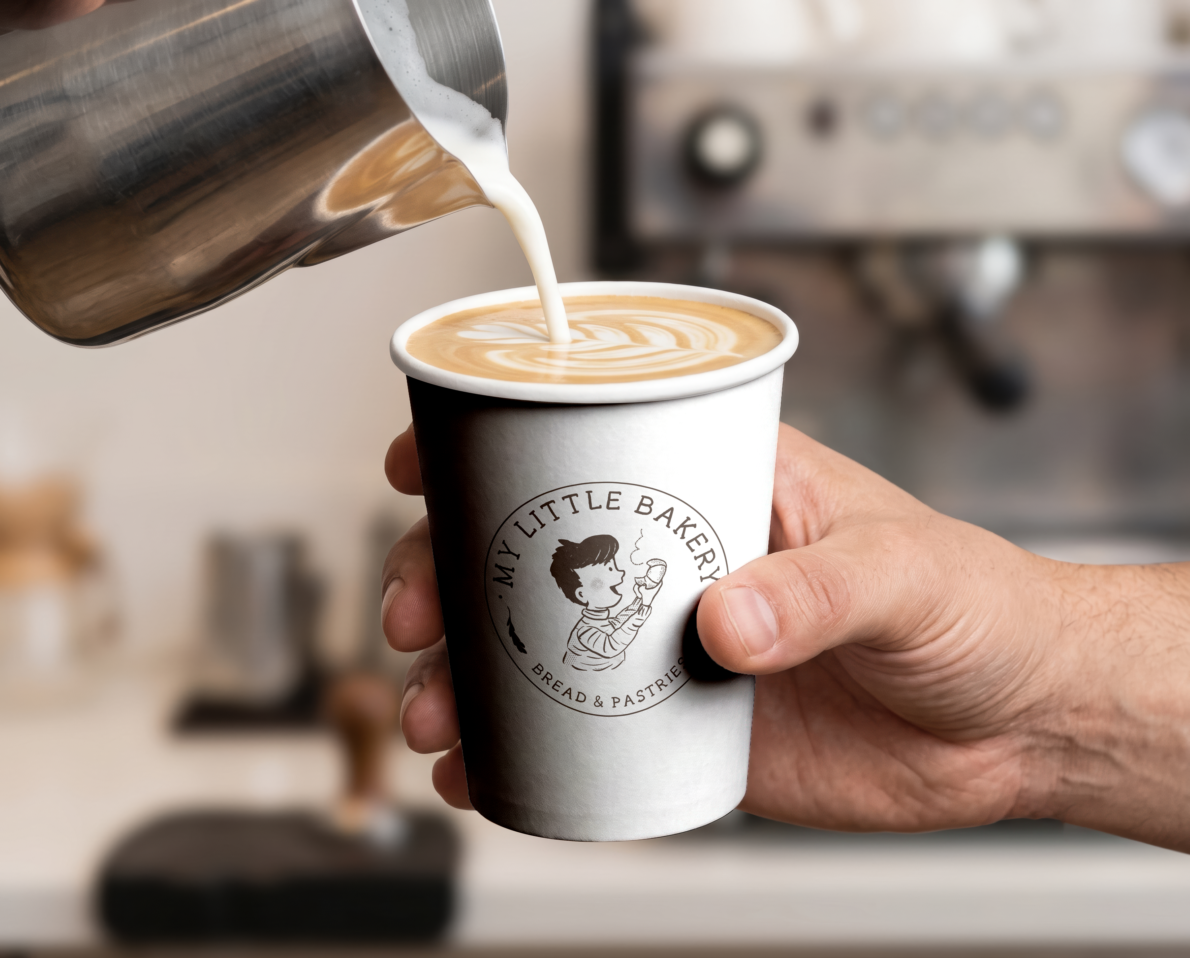 My Little Bakery logo on a paper coffee cup held in a hand
